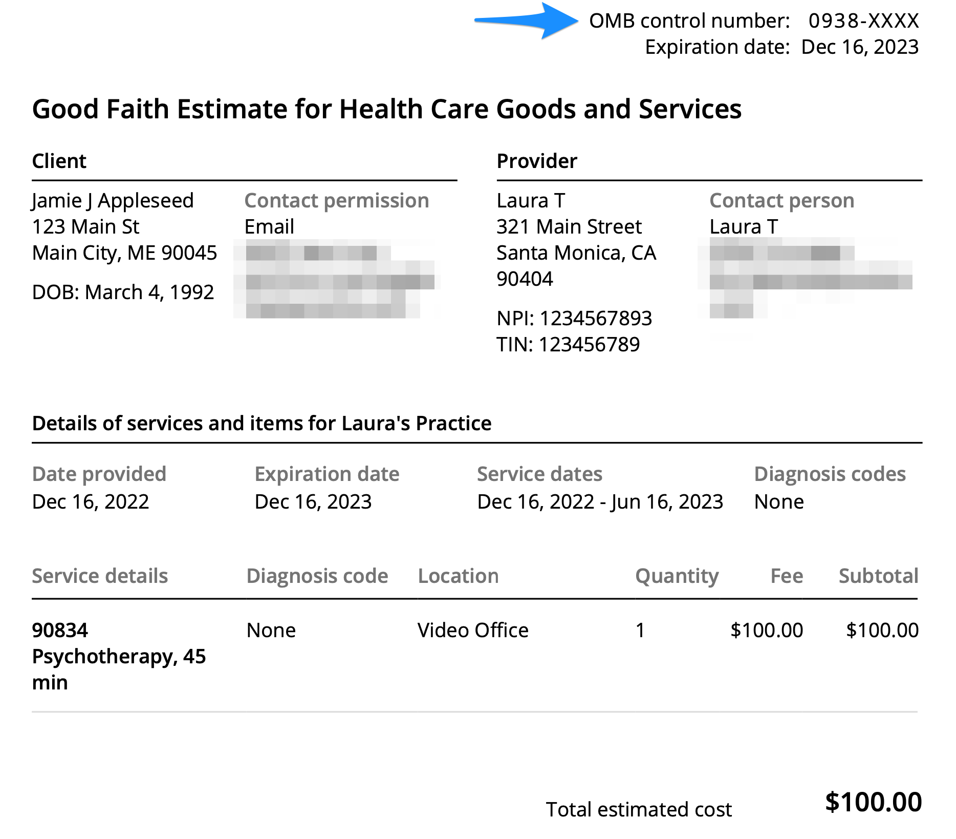 Downloaded good faith estimate showing the OMB control number in the top right corner
