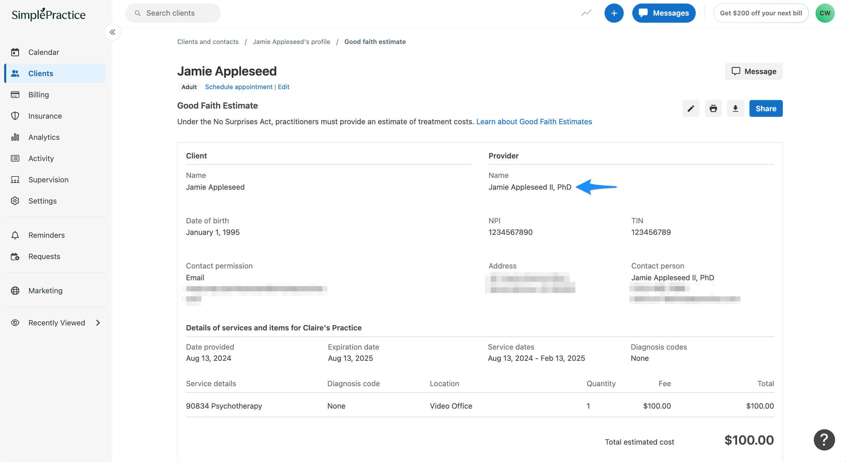 Good faith estimate showing a provider name with a suffix in the Provider section