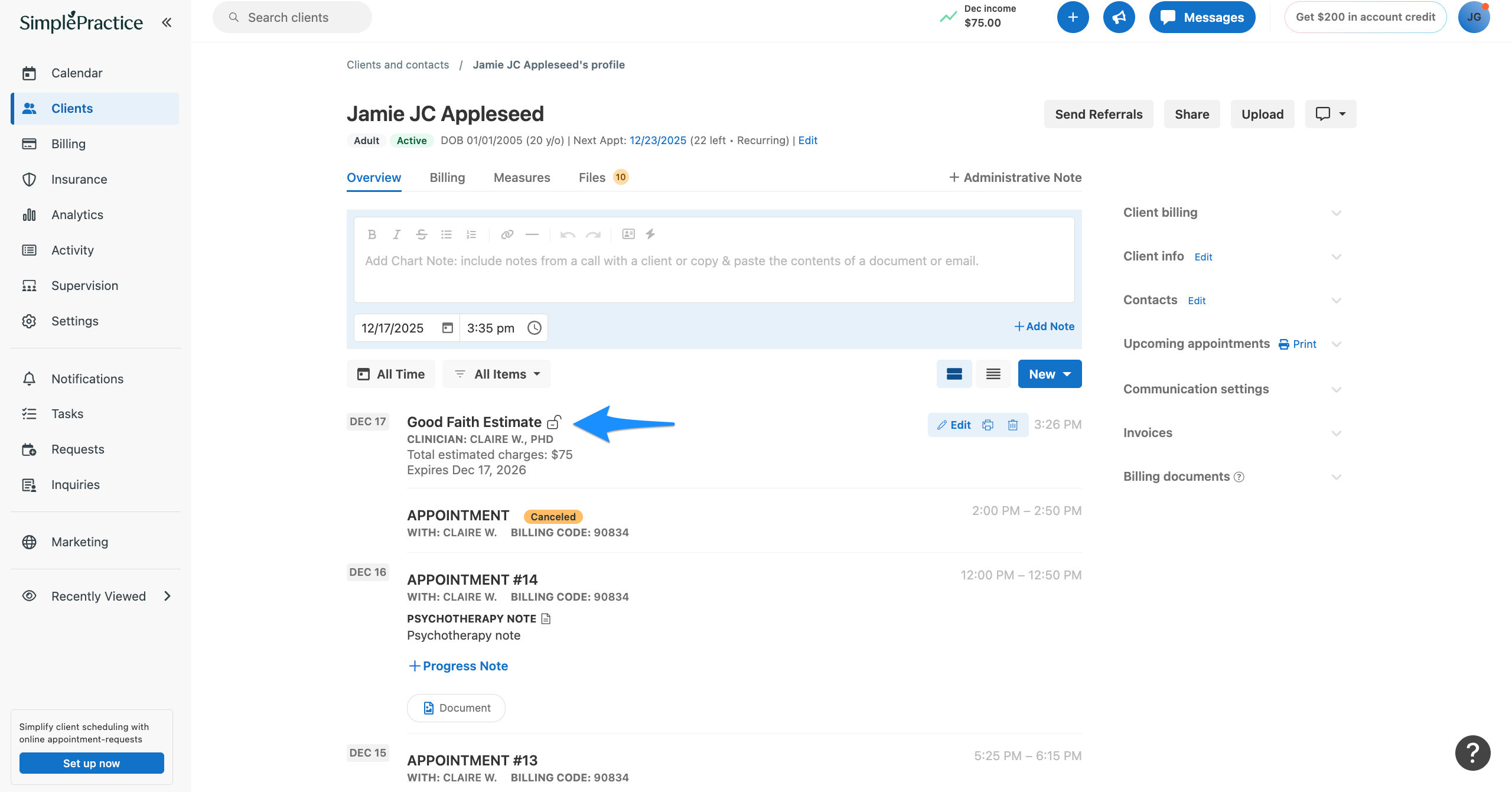 Client Overview page showing a saved Good Faith Estimate entry
