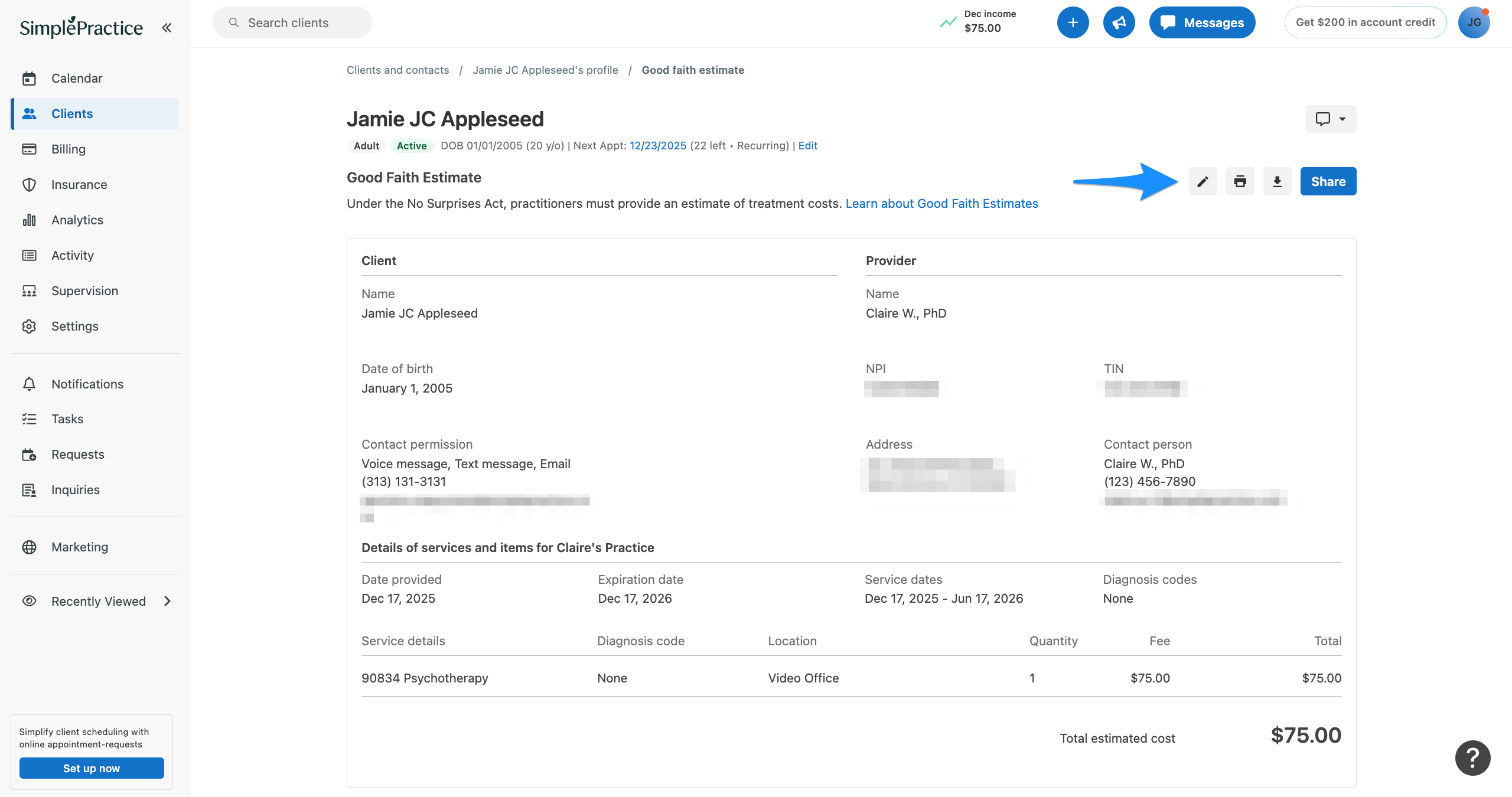 Good faith estimate toolbar showing edit, print, and download icons