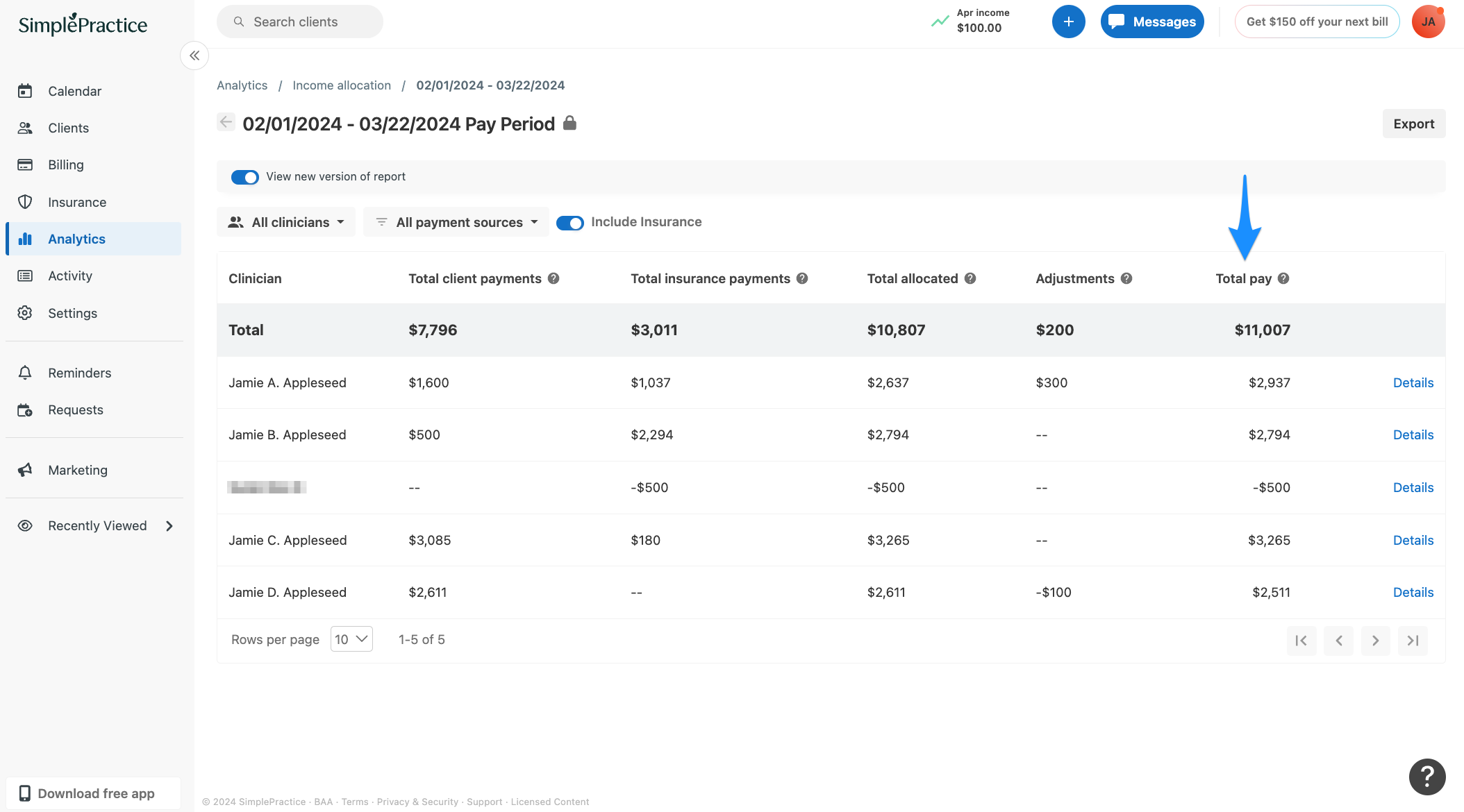 Total pay amount including the Adjustments column