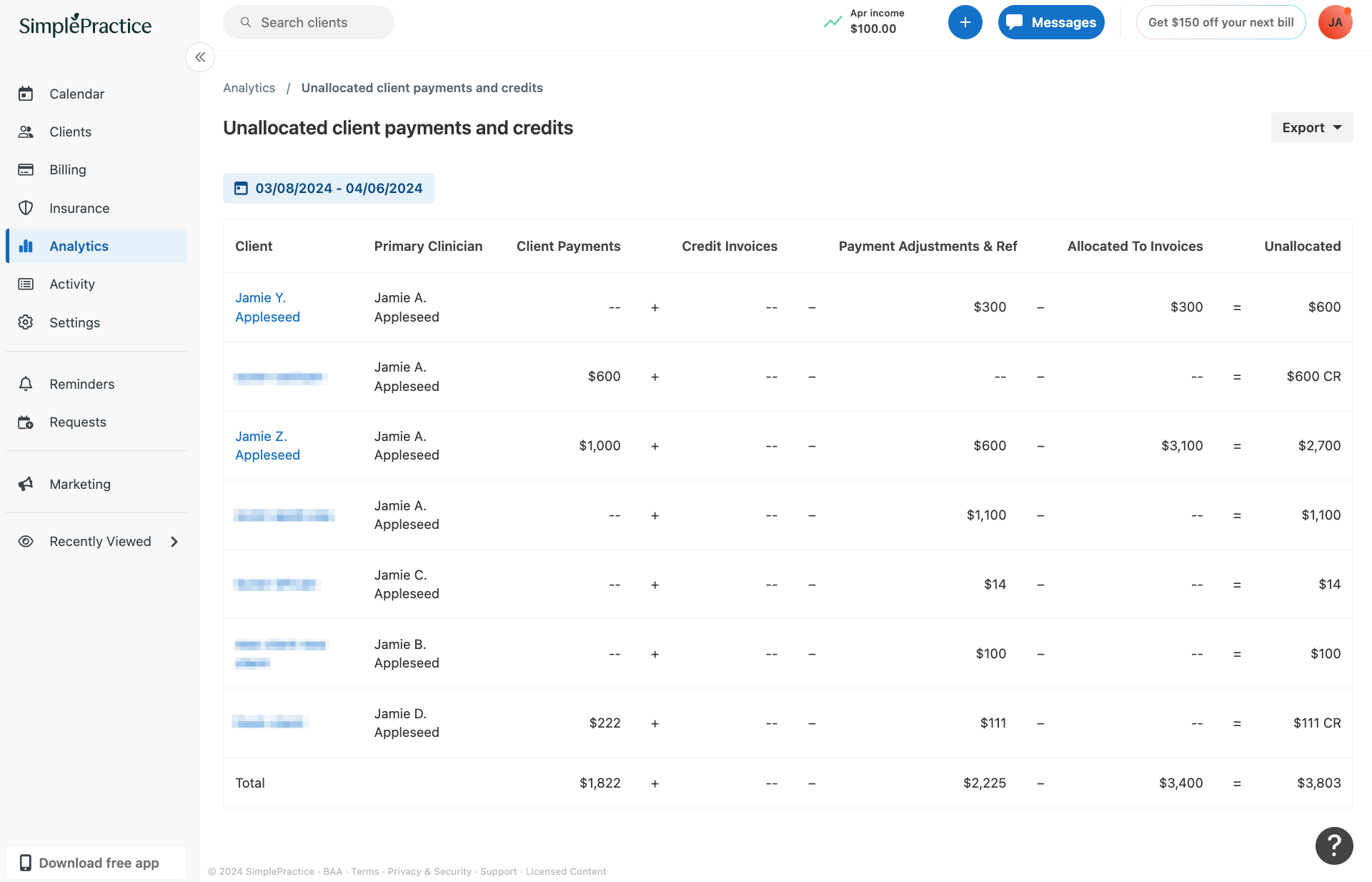 Unallocated client payments and credits report view