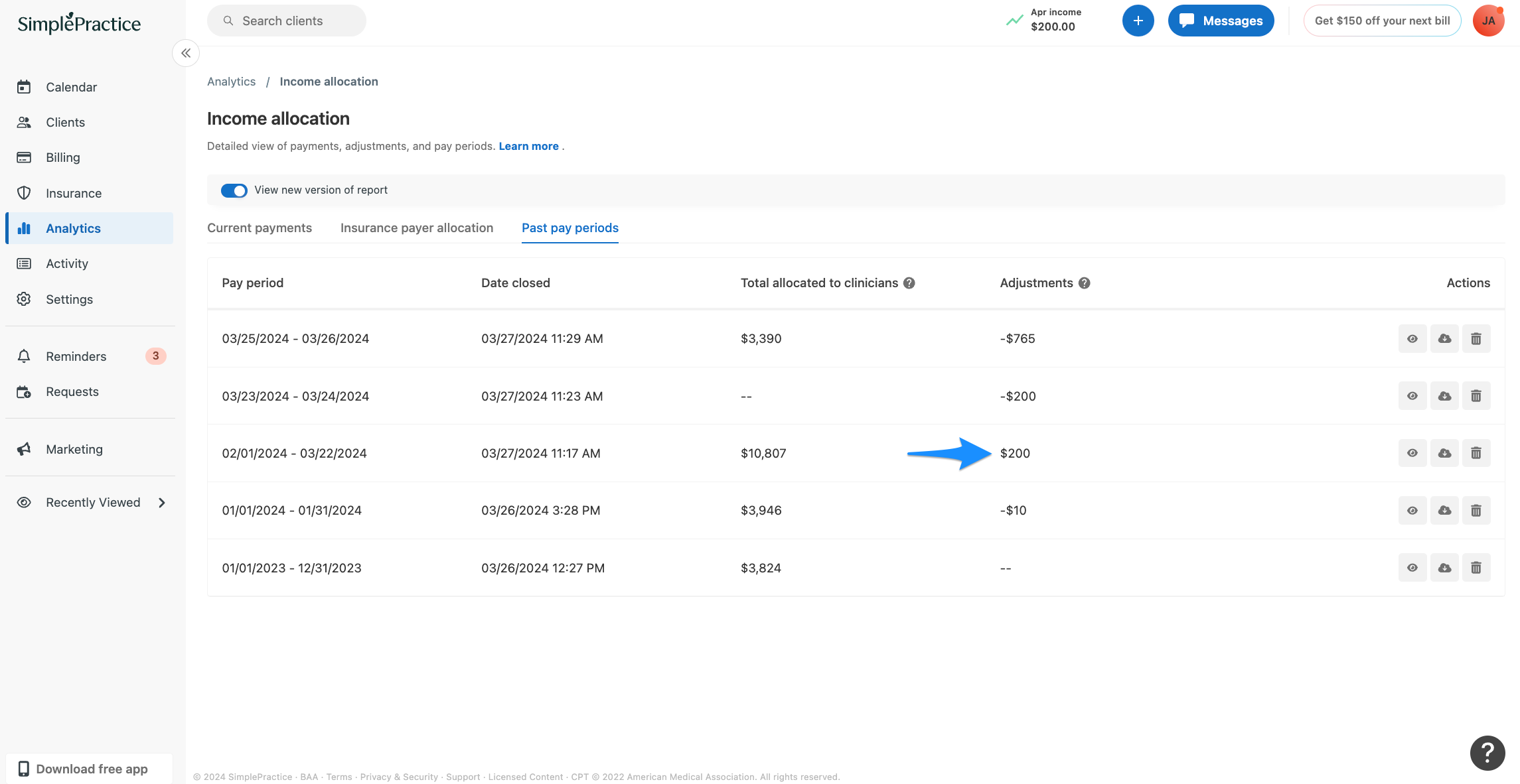 Example of a positive adjustment in Past pay periods