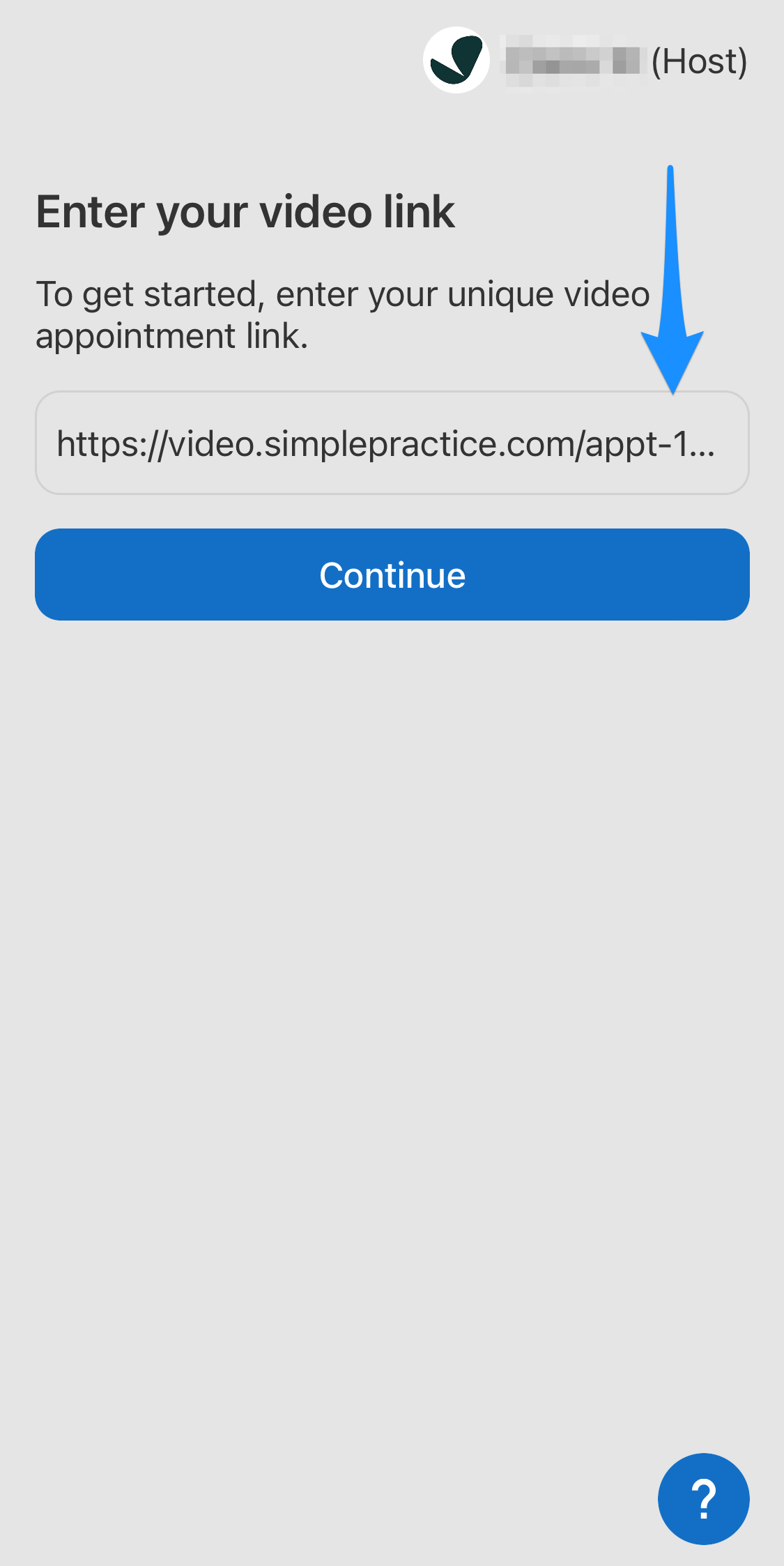 Telehealth by SimplePractice app screen with a field to enter a video appointment link
