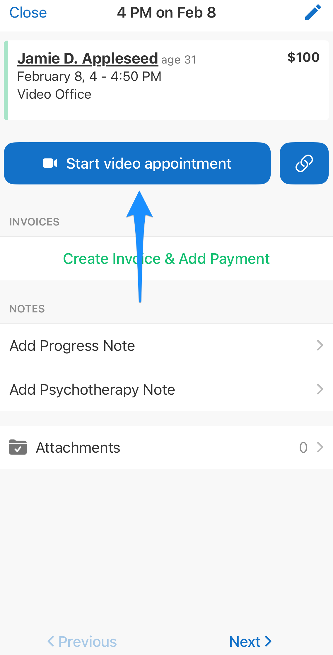 Appointment details screen in the SimplePractice for Clinicians app showing the Start video appointment button