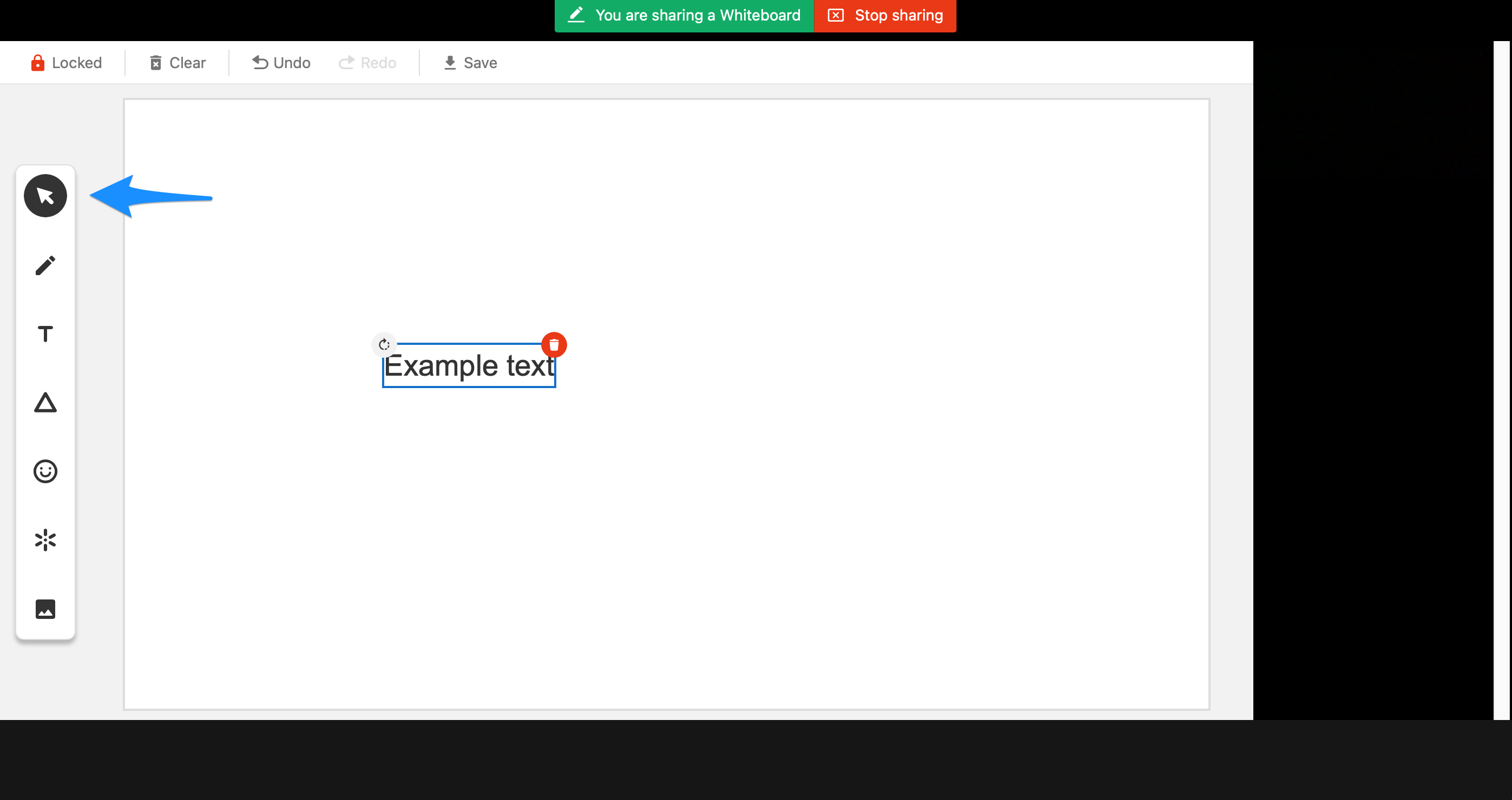 Whiteboard with an object selected, showing selection handles and controls for moving, rotating, or deleting the item.