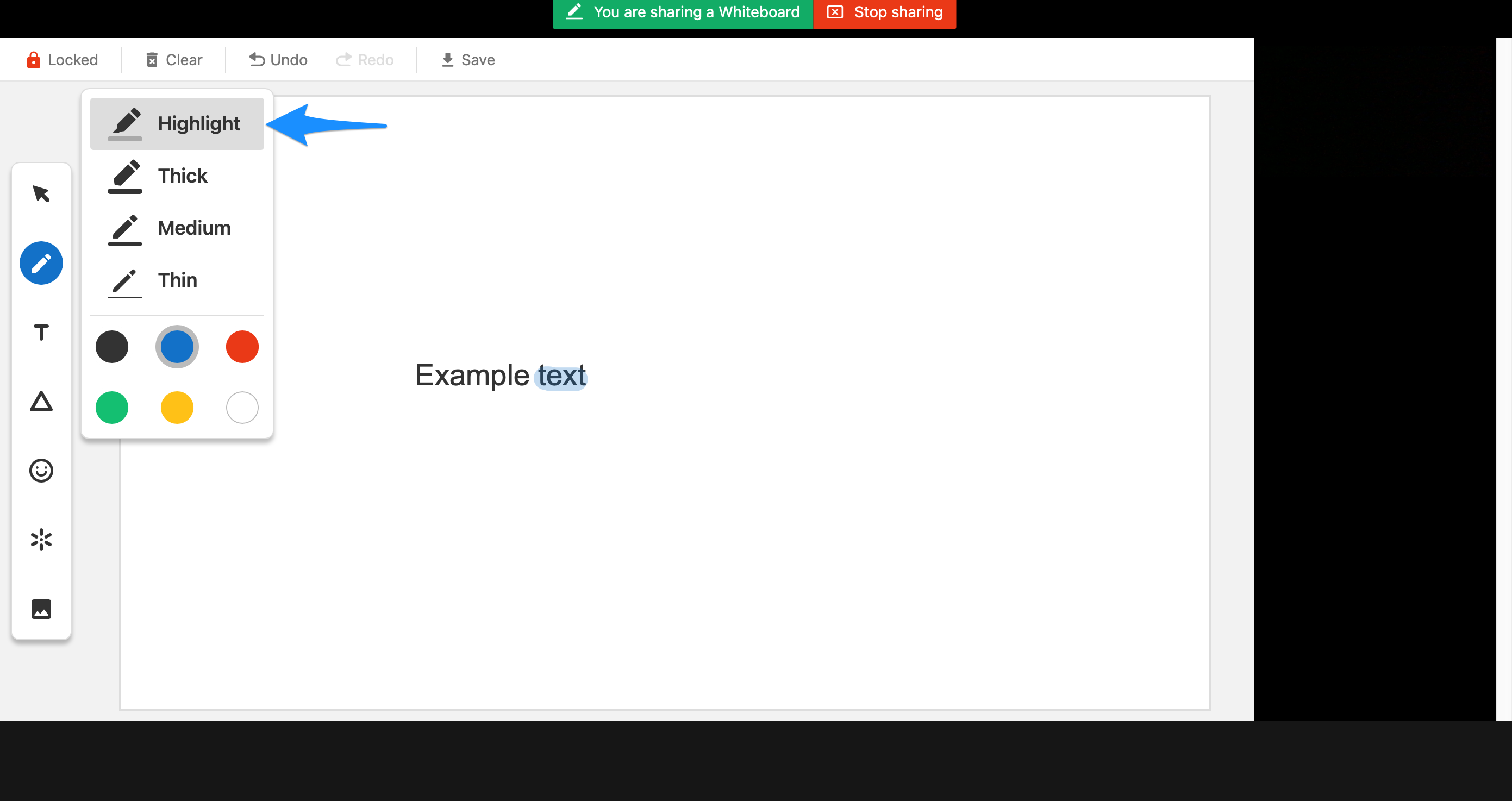 Whiteboard highlighting mode enabled, showing a translucent highlight drawn on the board.