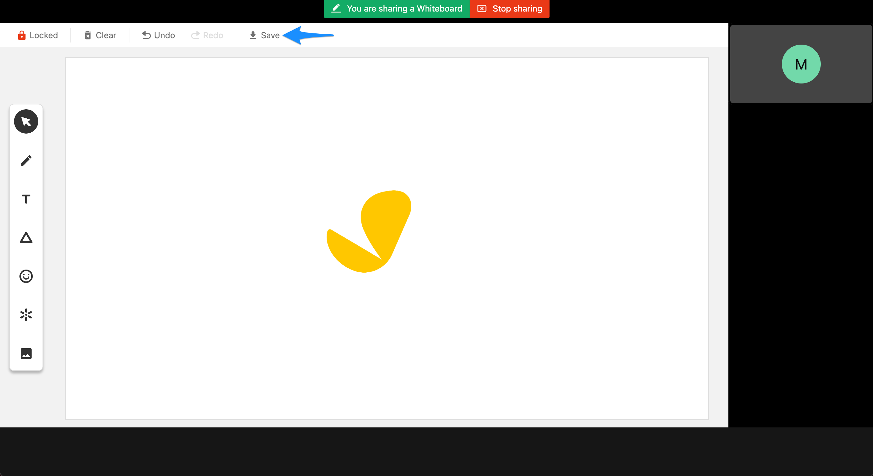 Save button selected in the top left corner of the whiteboard interface.