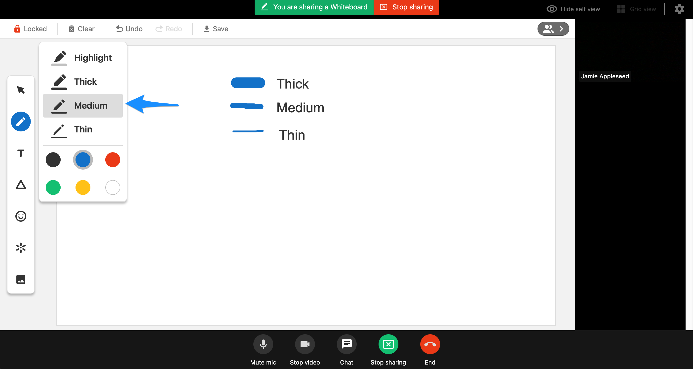 Draw tool thickness options displayed, with the Medium option selected.