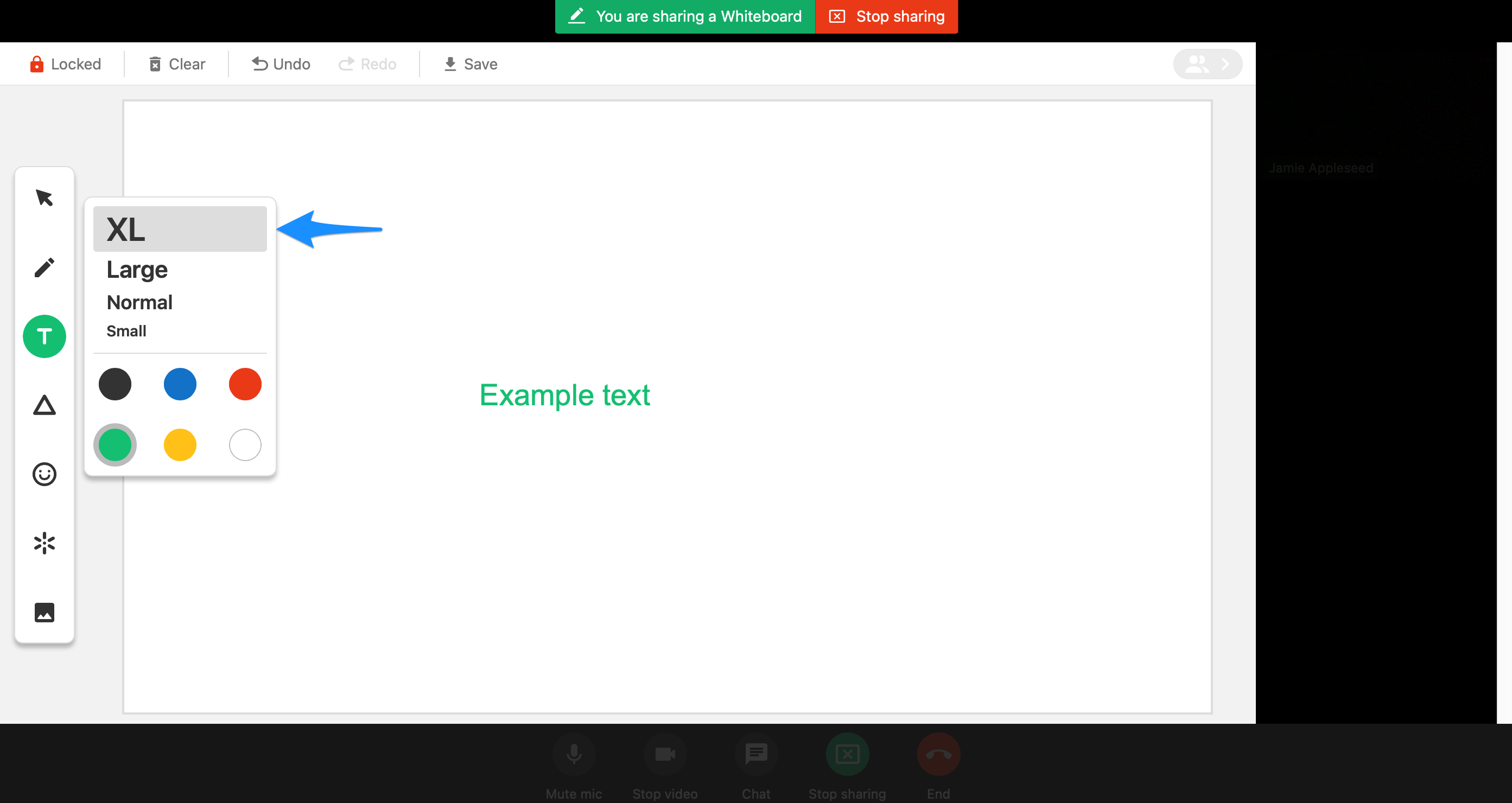 Text size options for the Type tool, with the XL size selected.
