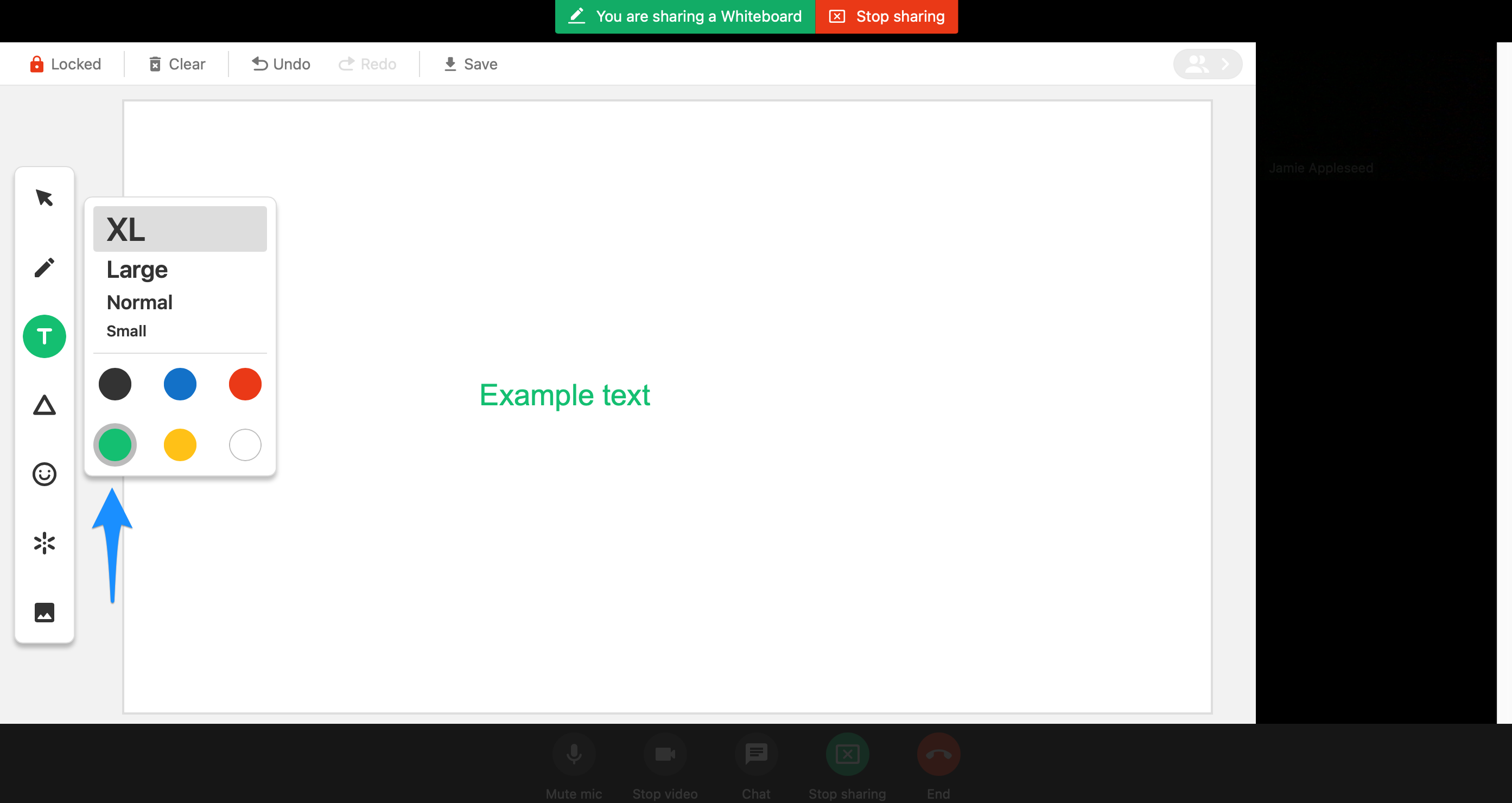Color palette for the Type tool showing six available text color options.