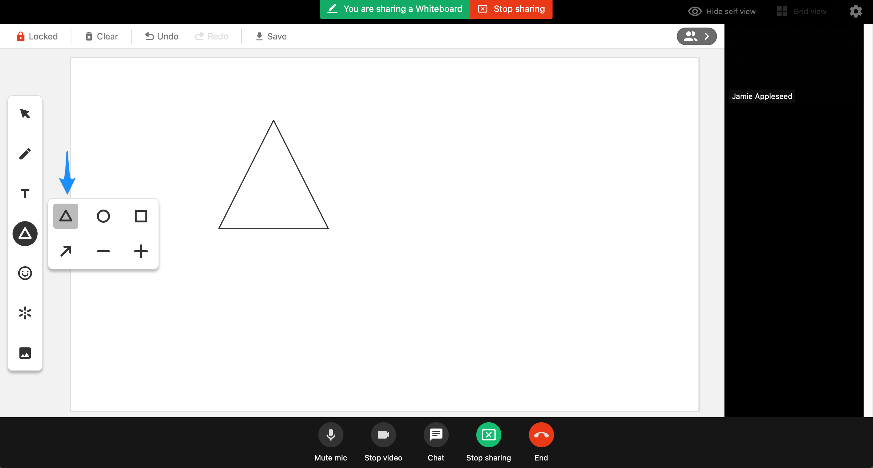 Shapes tool panel displaying six available shape options for the whiteboard.