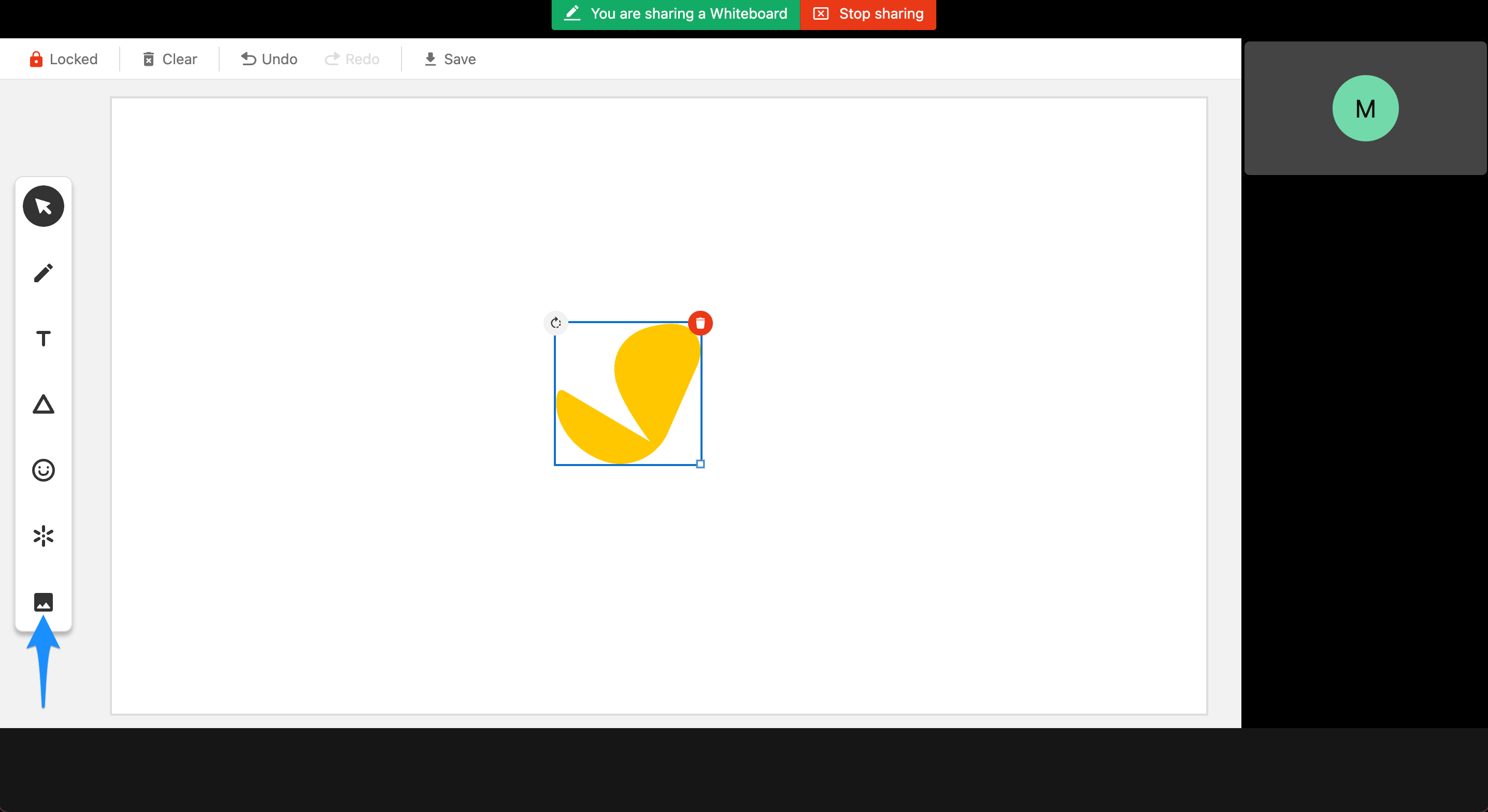 Insert file tool showing an uploaded document placed on the whiteboard.