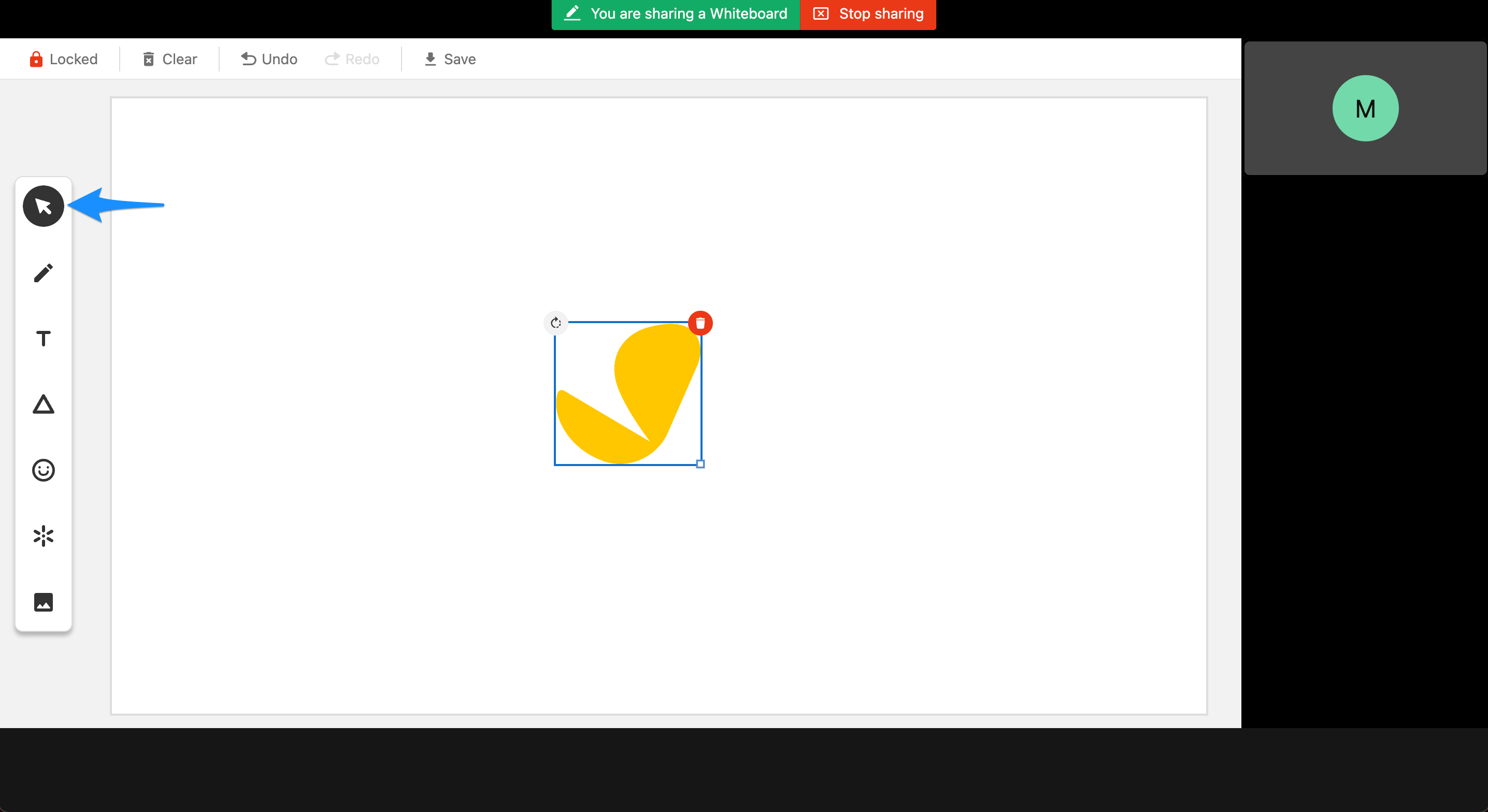 Select tool active on an inserted file, showing resize and selection handles.
