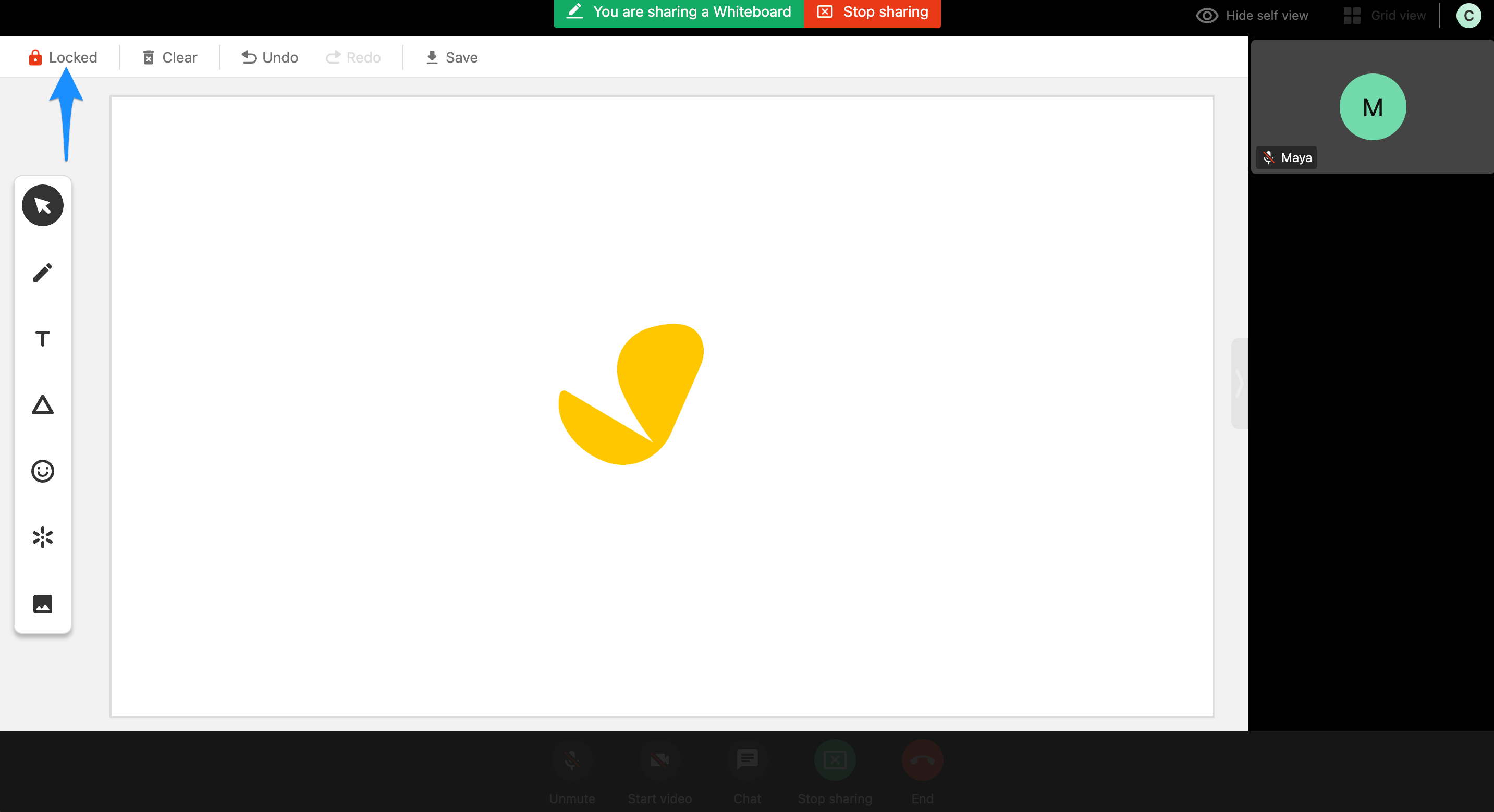 Whiteboard interface showing a Locked status indicator in the top left corner.