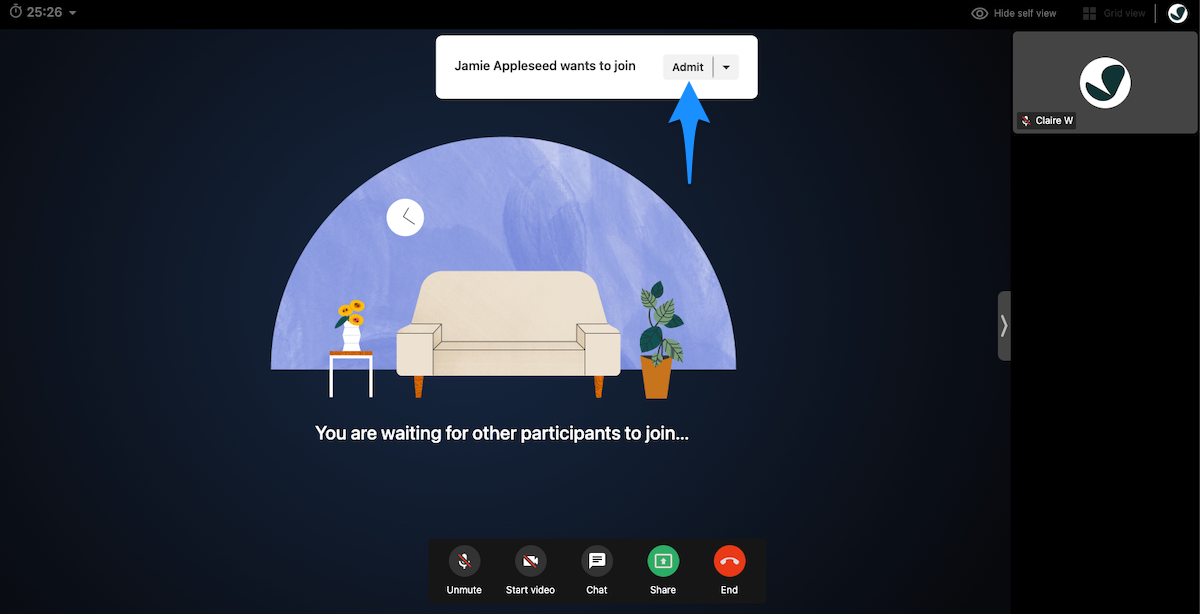 Telehealth interface showing a notification banner with an Admit button for a client in the waiting room
