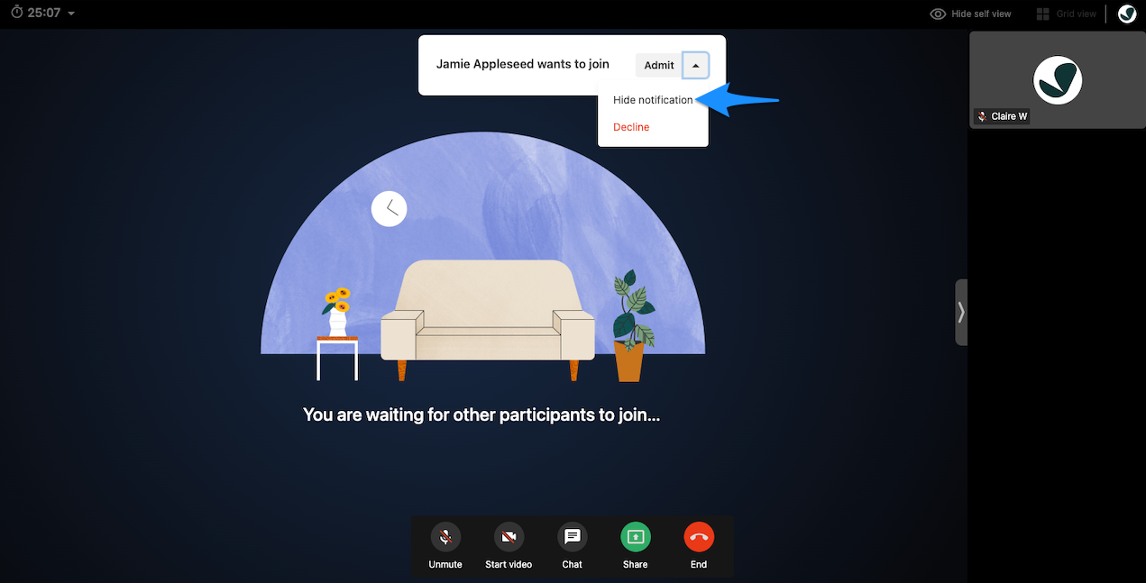Expanded notification menu in a telehealth session showing options to hide the notification or decline the client