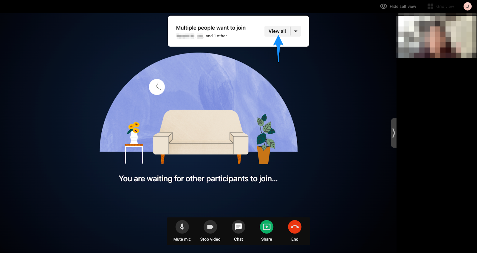 Telehealth waiting room panel showing a View all button and a list of multiple clients waiting