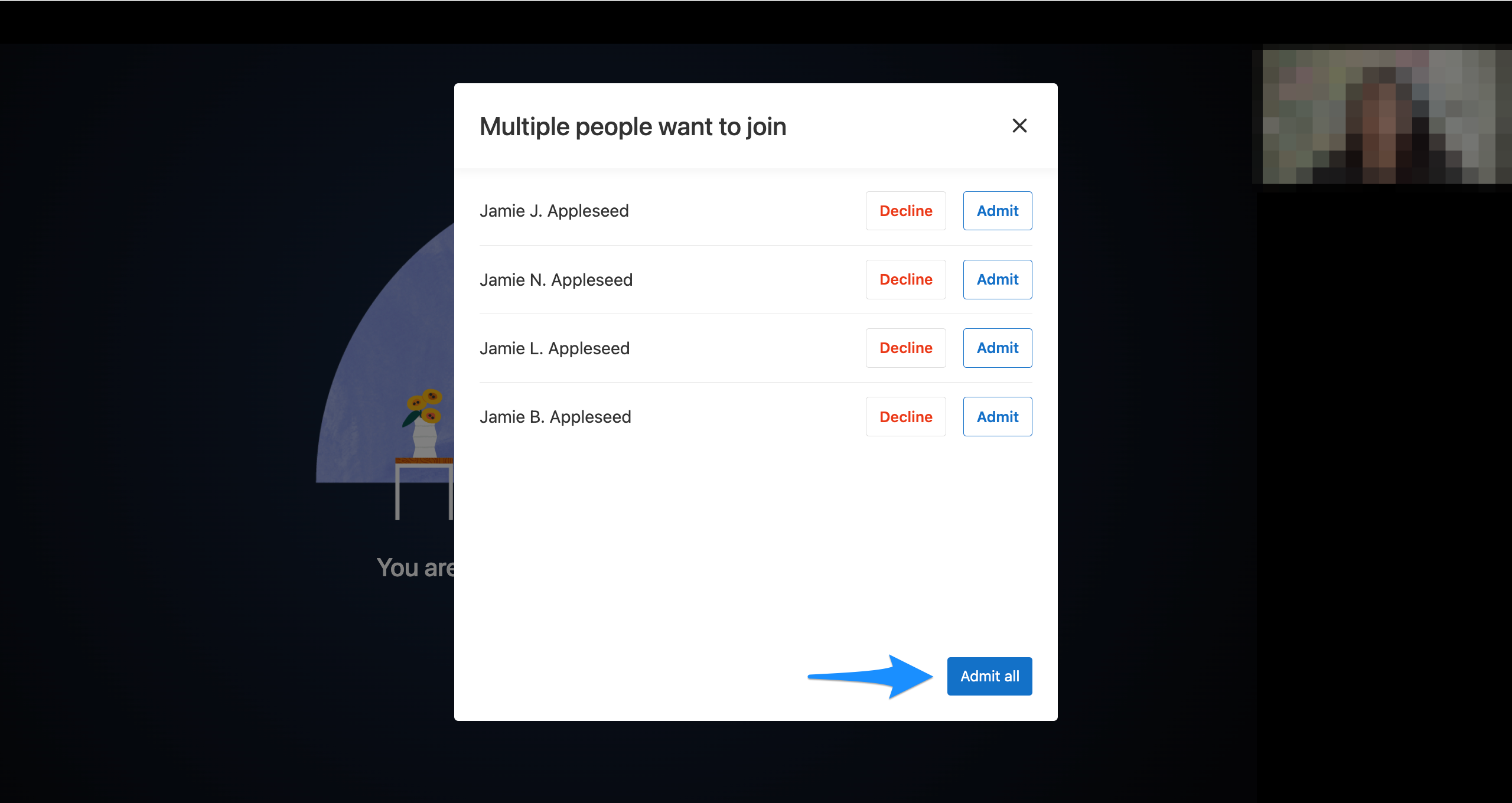 Waiting room list with controls to admit or decline individual clients and an Admit all option