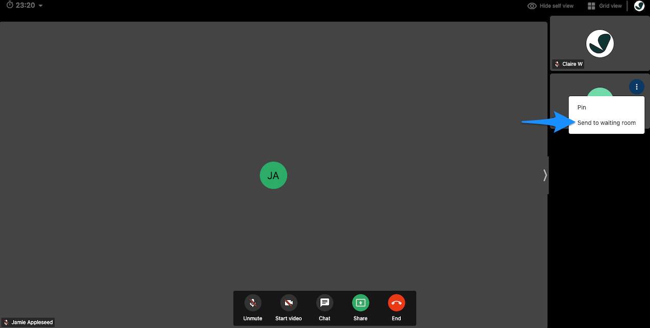 Client video tile menu in a telehealth session with the Send to waiting room option visible