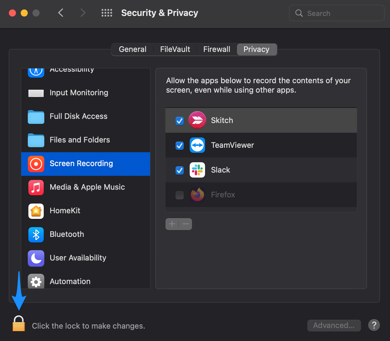 Mac Security & Privacy Screen Recording settings showing an unlocked lock icon