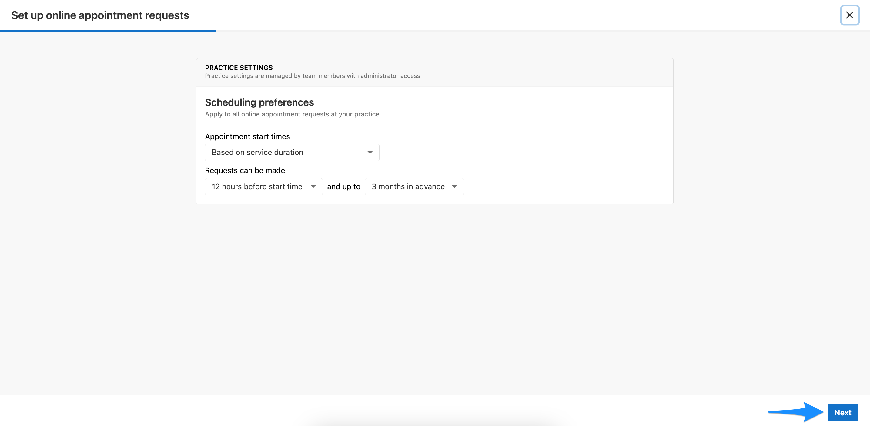 Scheduling preferences screen with the Next button highlighted
