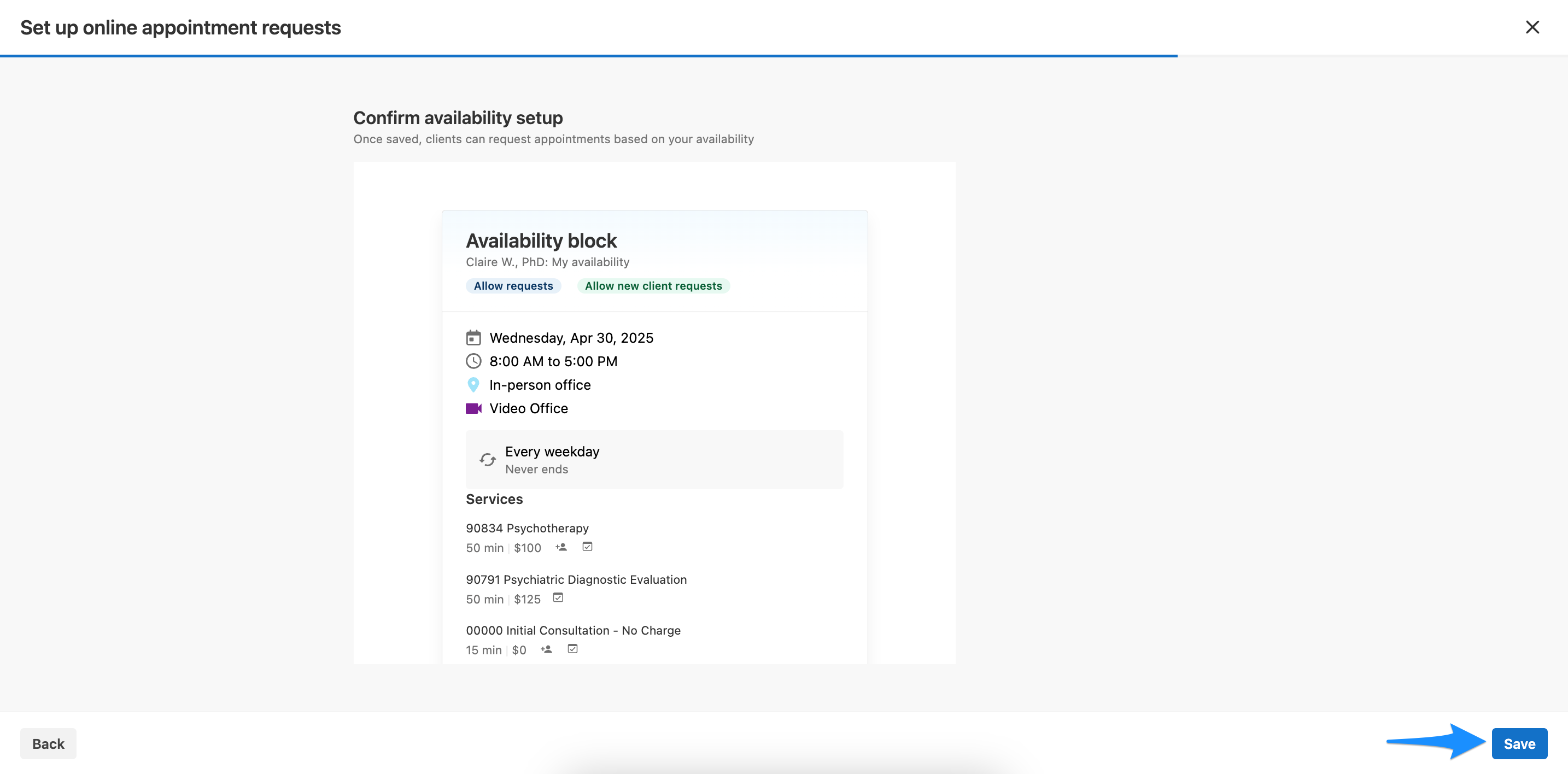 Confirmation screen showing the Save button for availability setup