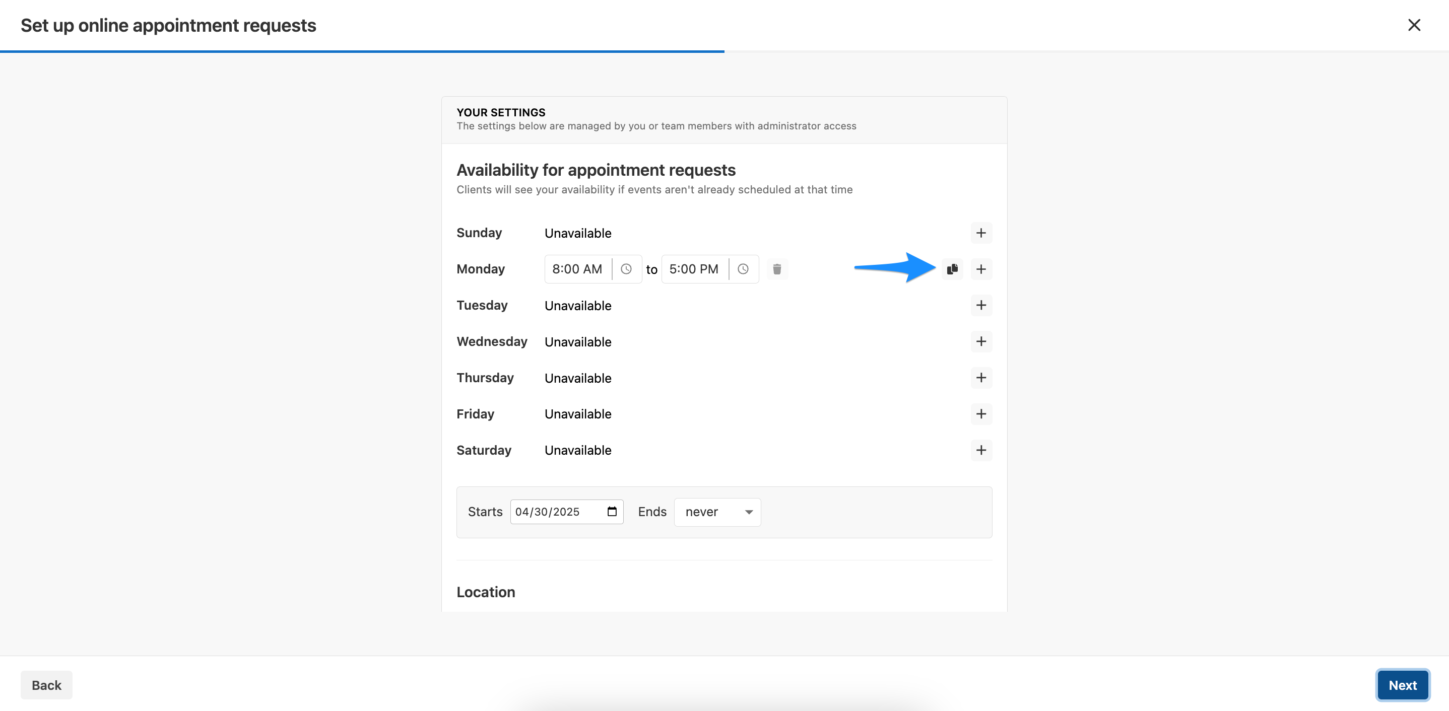 Availability setup screen showing add (+) and copy blocks icons
