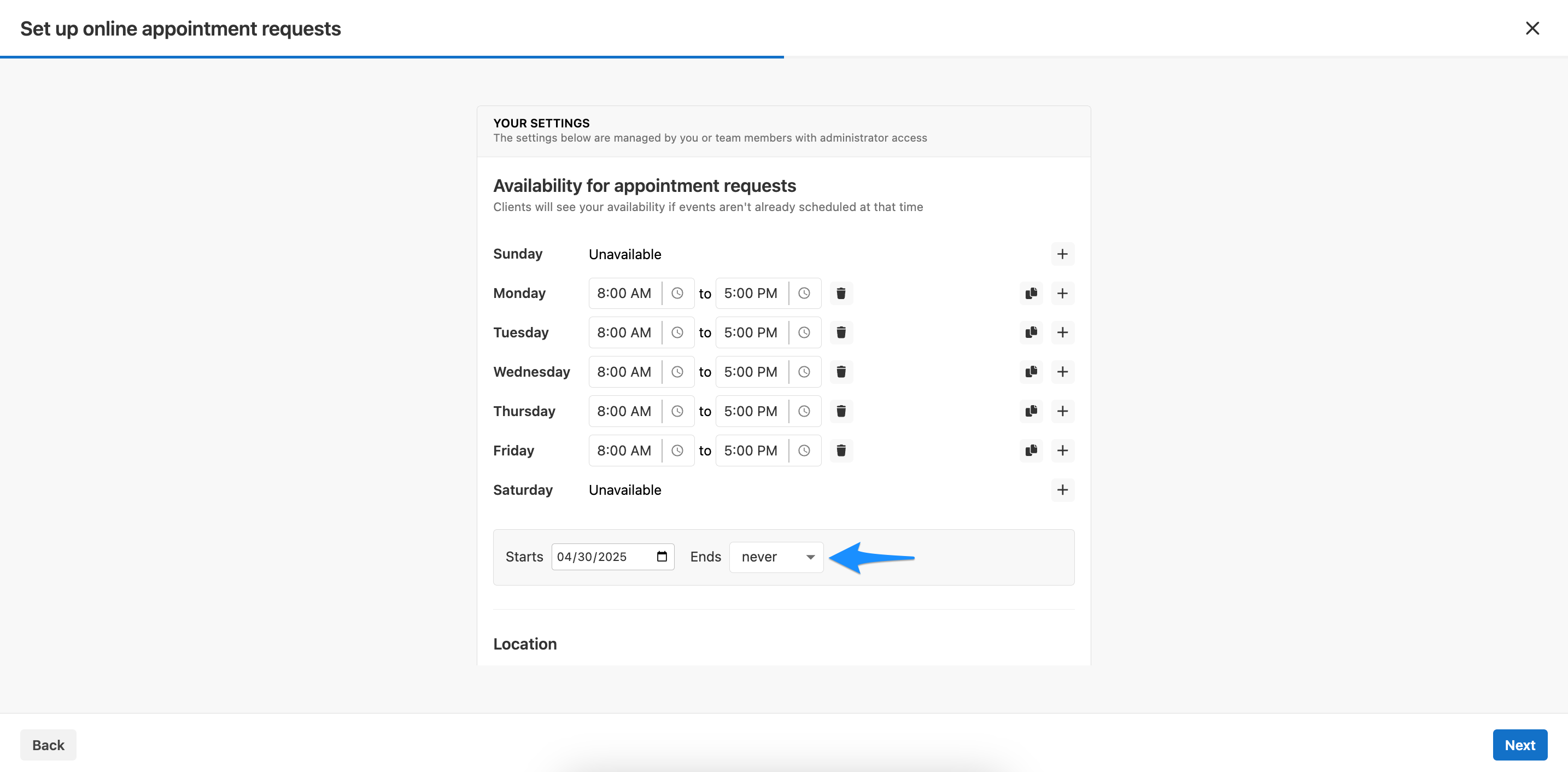 Ends dropdown showing after, on date, and never options