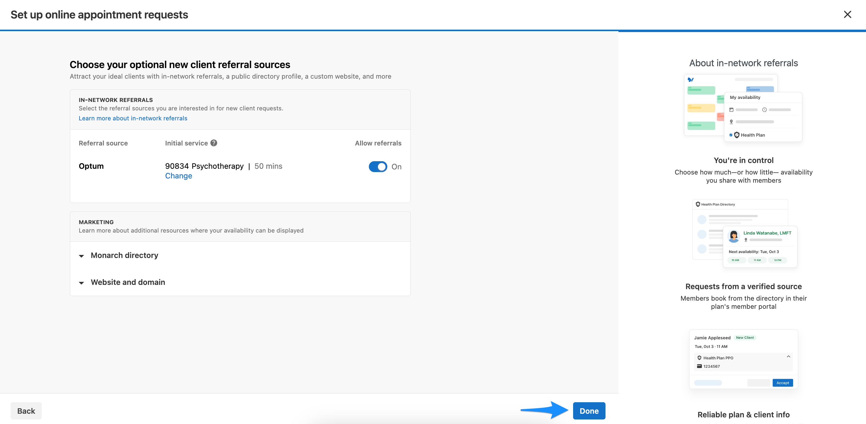 Optum referral step showing Allow referrals toggle and Done button