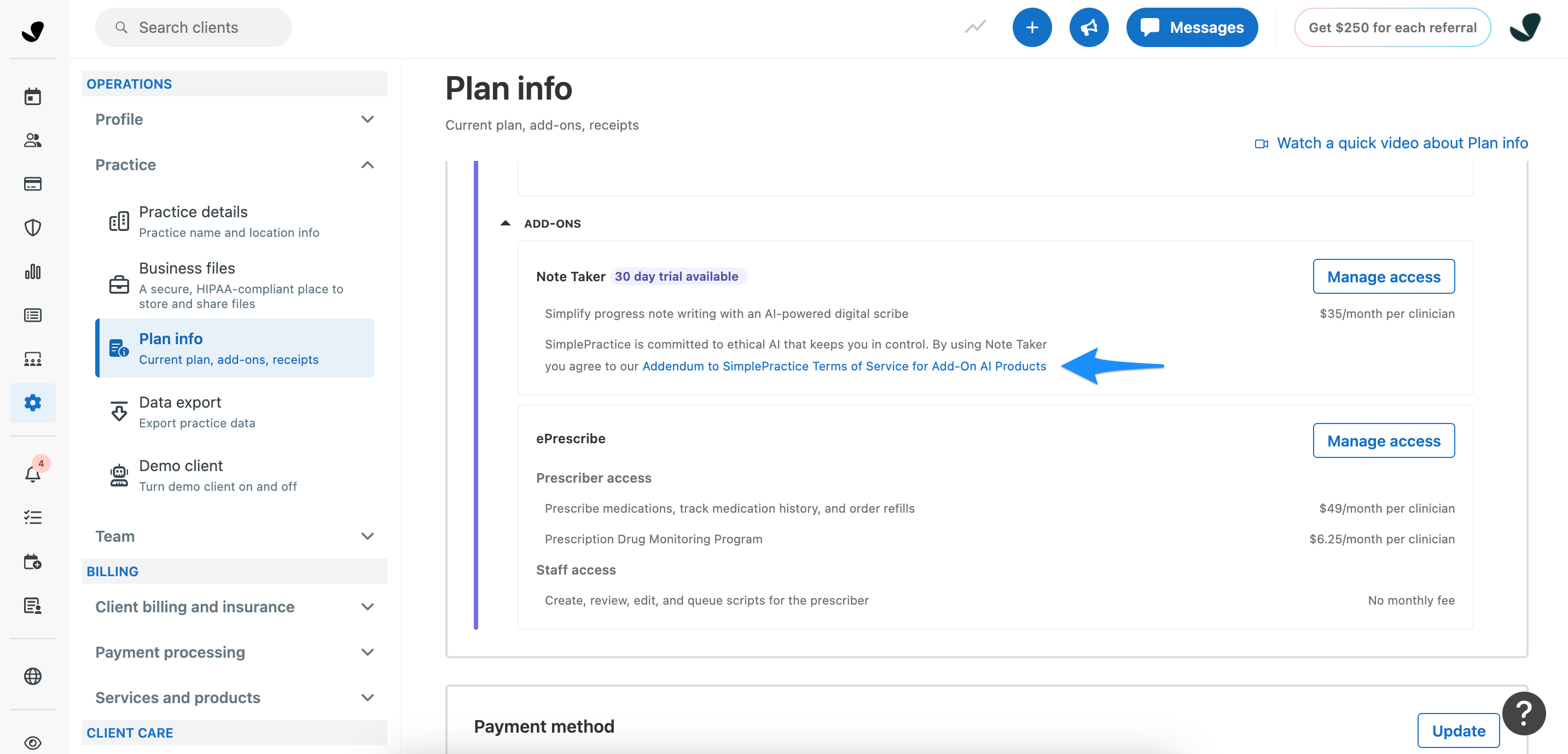 Screenshot of the Note Taker add-on section on the Plan info page showing the AI addendum link