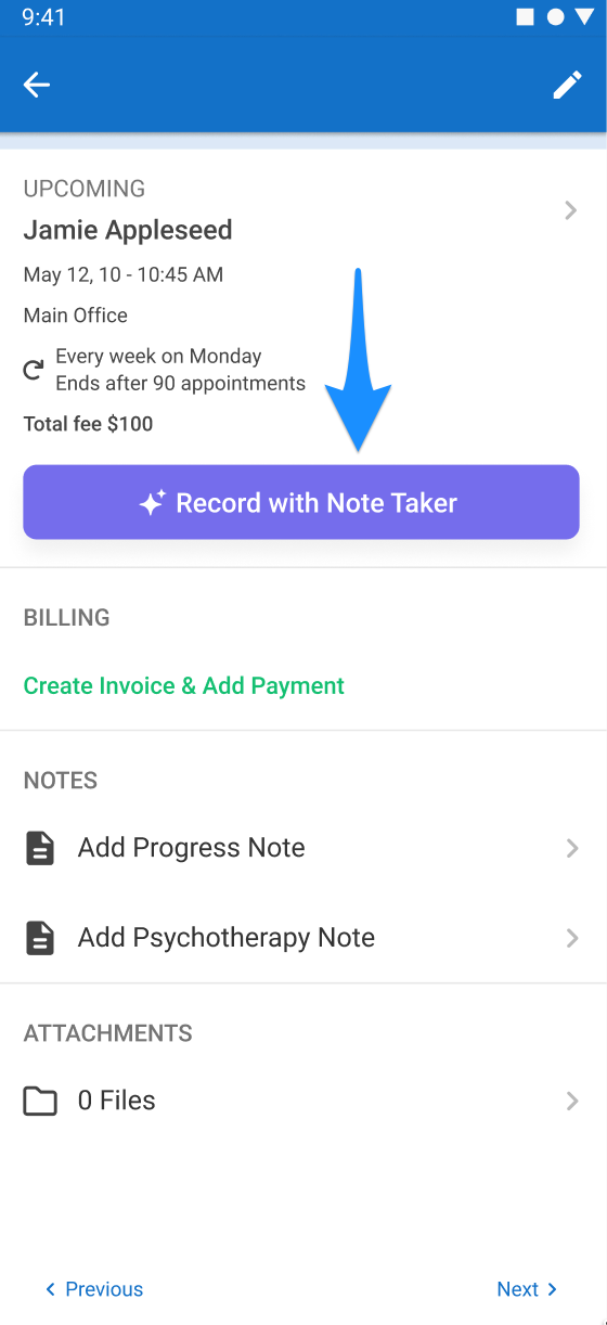 Android screenshot showing the Record with Note Taker button on an appointment