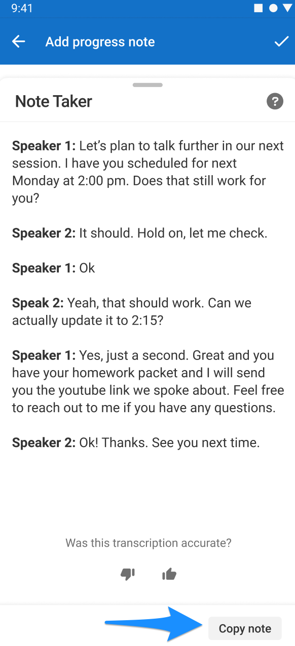 Android screenshot showing the Copy note option in the Note Taker slideout