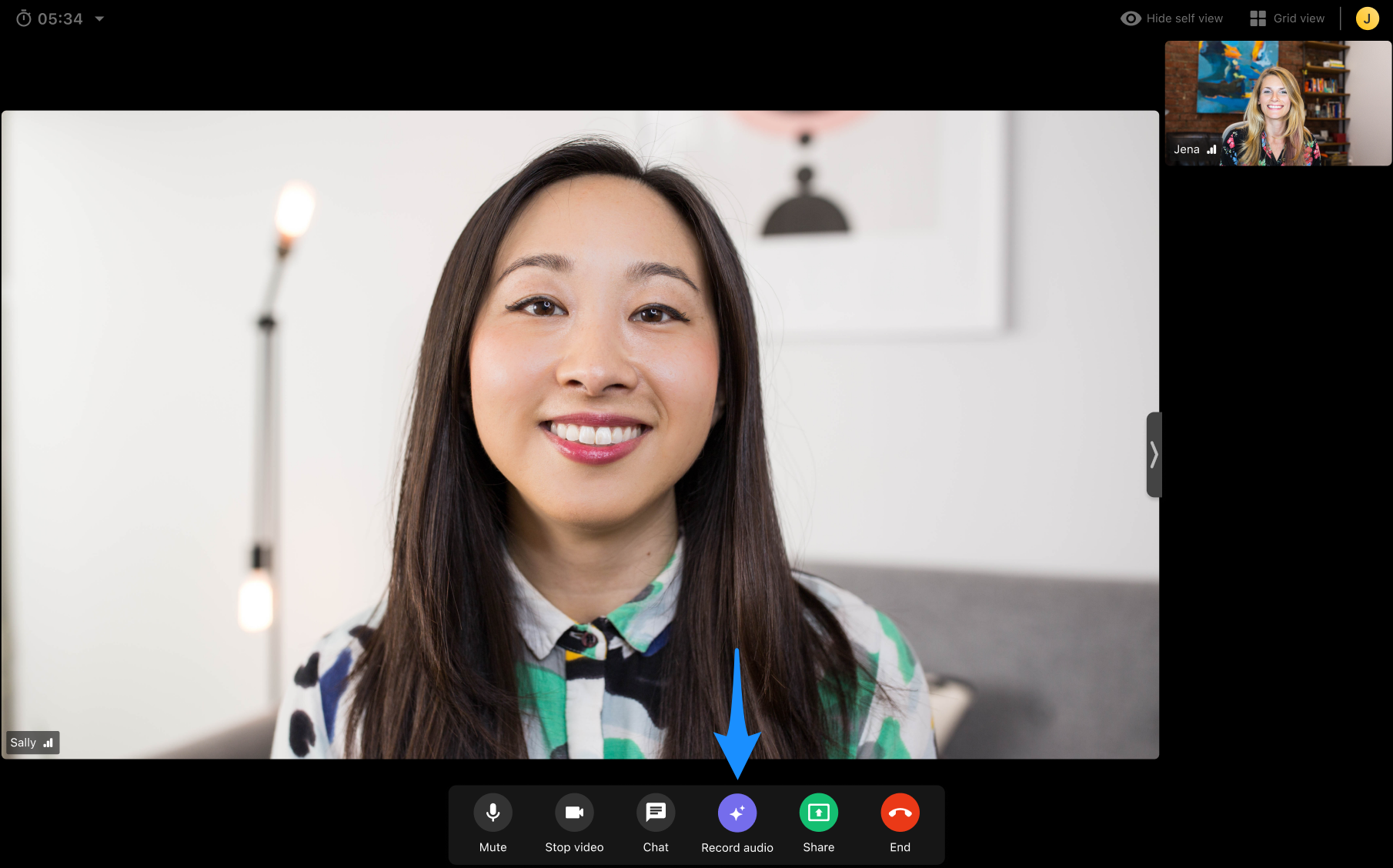 Screenshot of the Telehealth toolbar showing the Record audio option