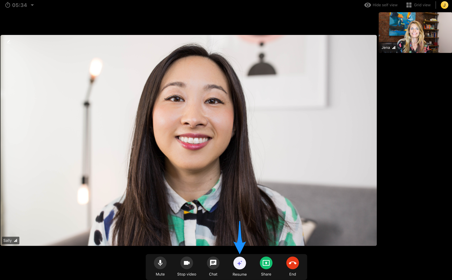 Screenshot showing the Resume control for Note Taker recording during Telehealth