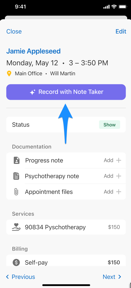iOS screenshot showing the Record with Note Taker button on an appointment