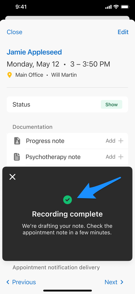 iOS screenshot showing confirmation that the recording is complete