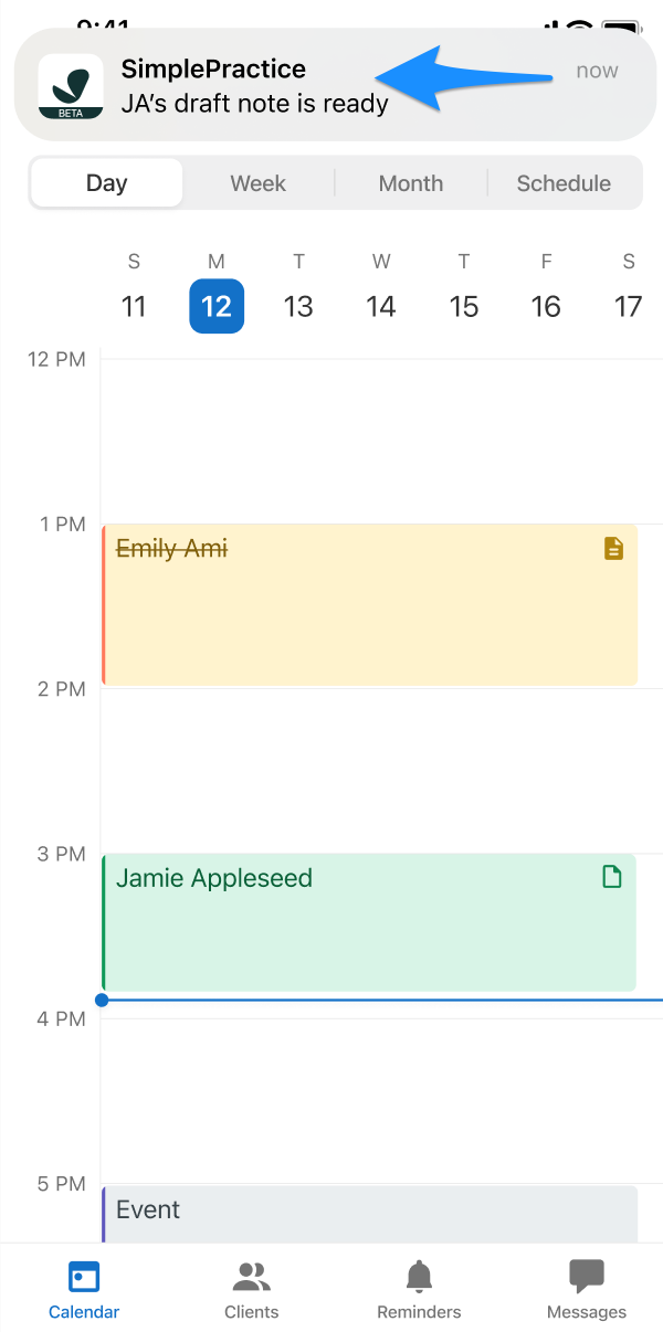 iOS screenshot showing a push notification that the draft note is ready