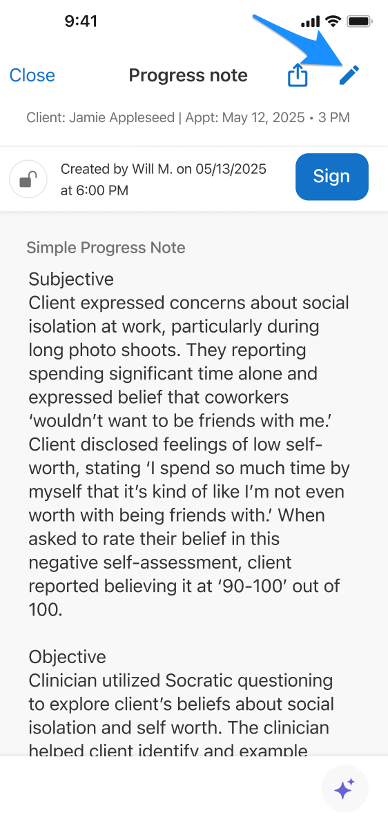 iOS screenshot showing the pencil icon to edit the progress note
