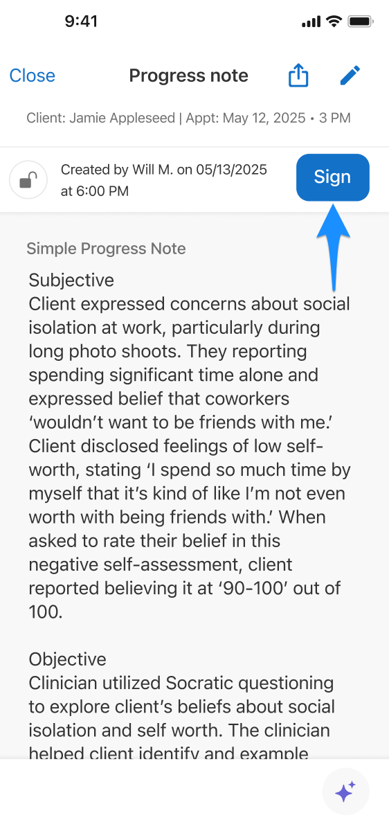 iOS screenshot showing the Sign option to sign and lock the note