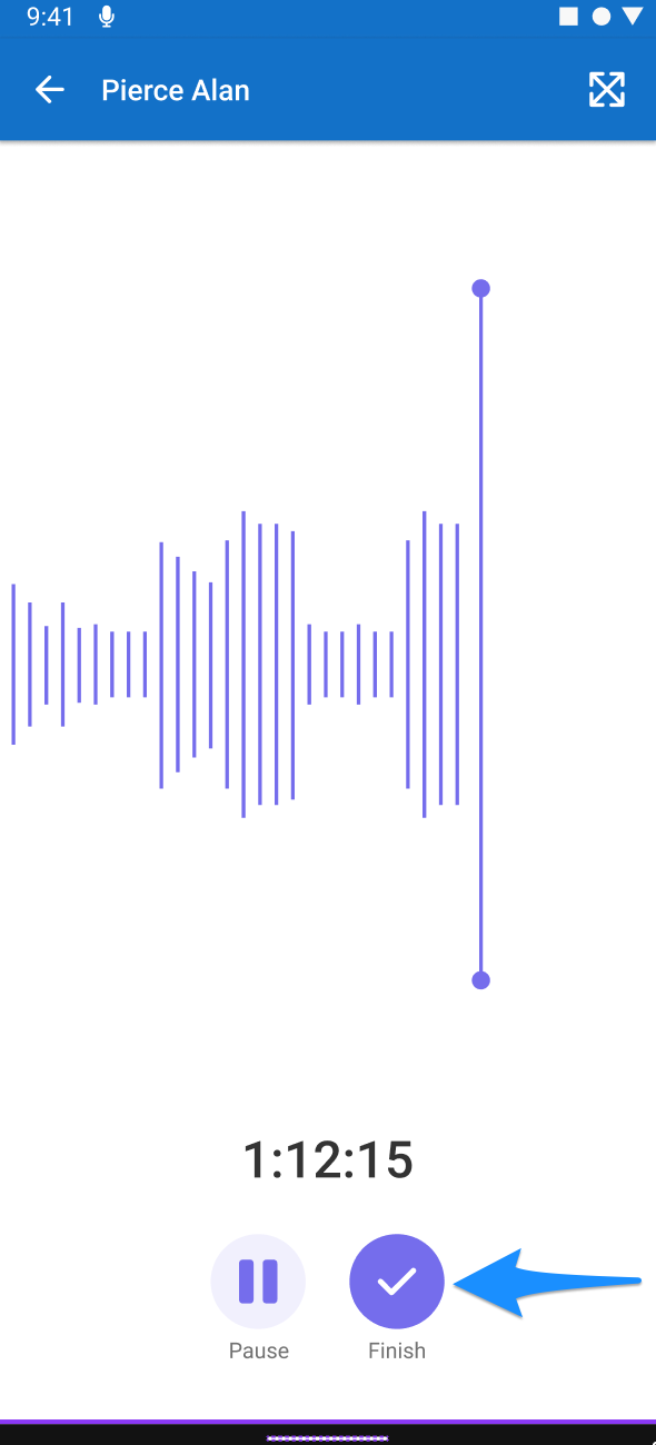 Android screenshot showing the Finish button to end recording