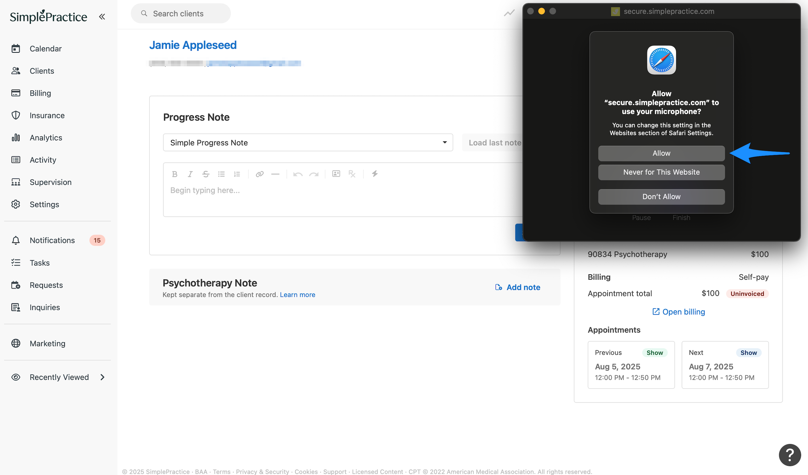 Using dictation for client notes – SimplePractice Support