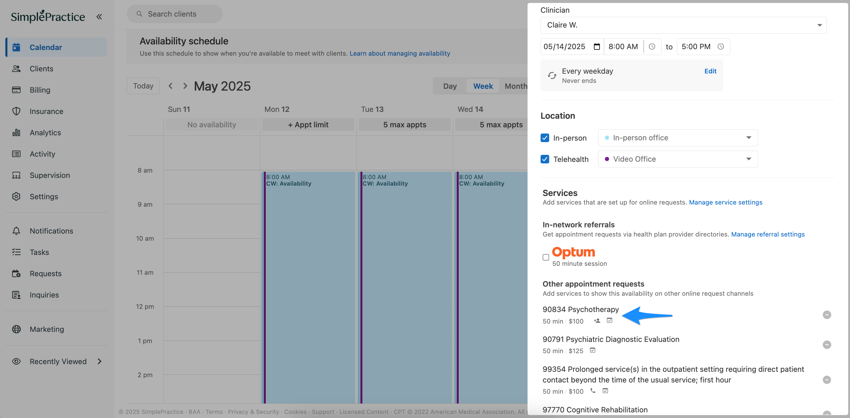 Availability block showing selected services under Other appointment requests