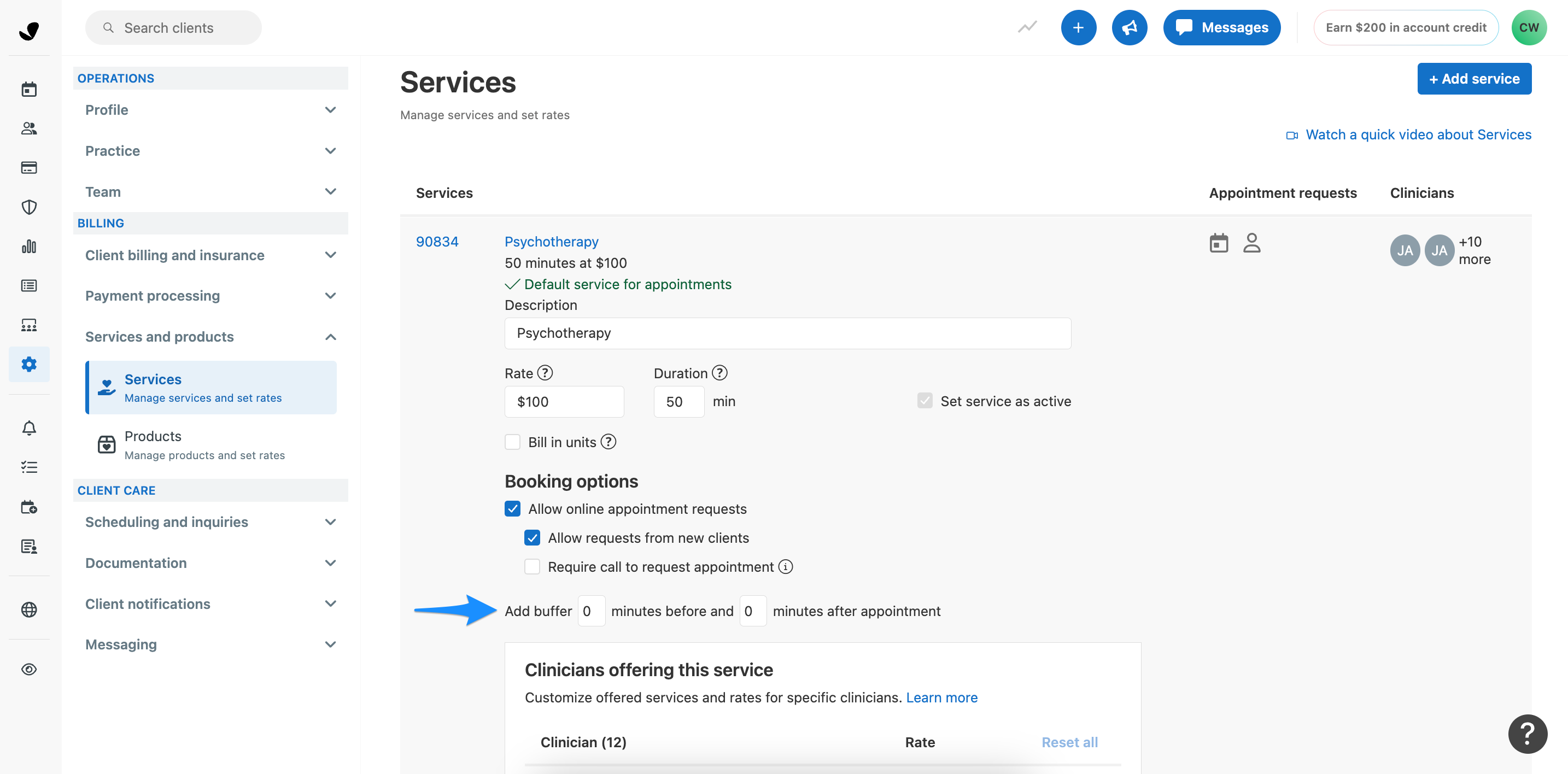 Services settings showing buffer time fields around Default Duration