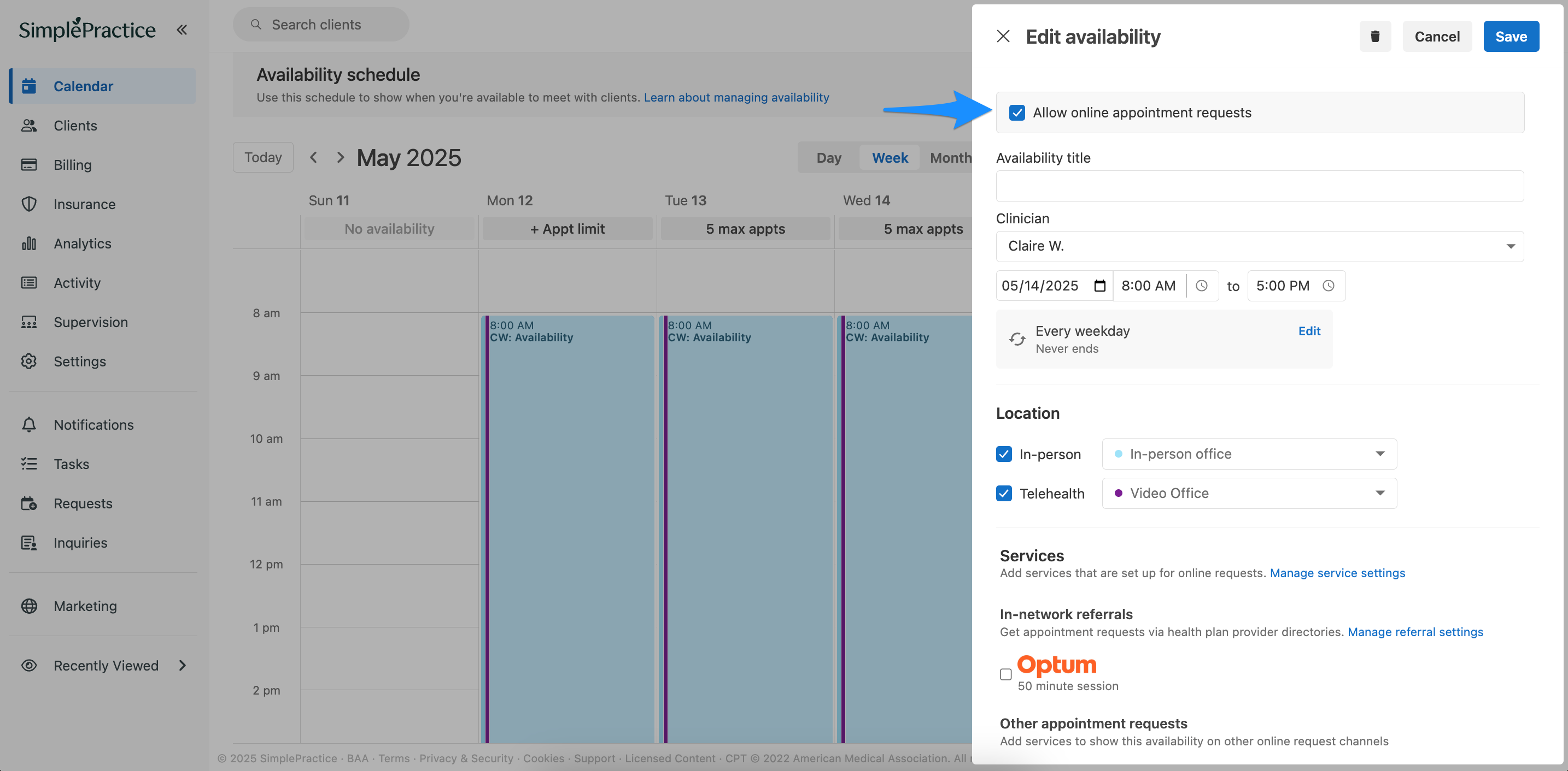 Availability block settings showing Allow online appointment requests selected
