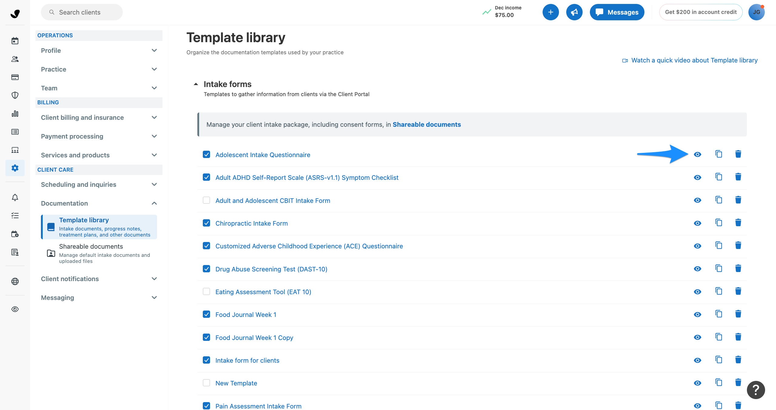 Preview, duplicate, and delete icons for a template in the template library