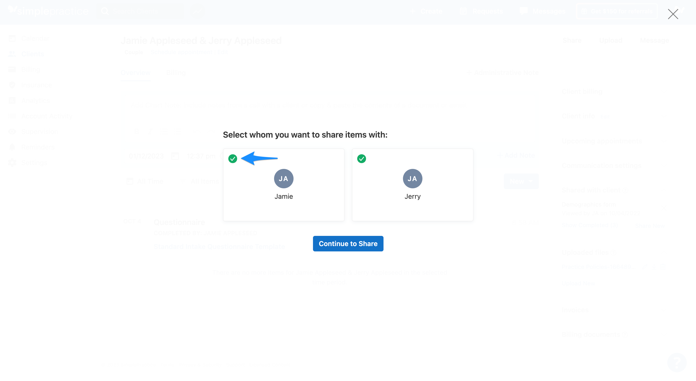 Share with client selection screen showing individual checkboxes for couple clients