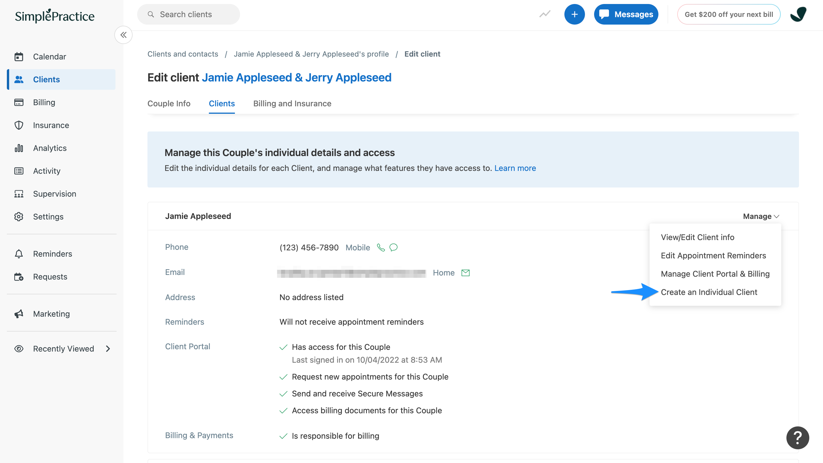 Clients section of a couple profile showing the Manage menu with Create an Individual Client option