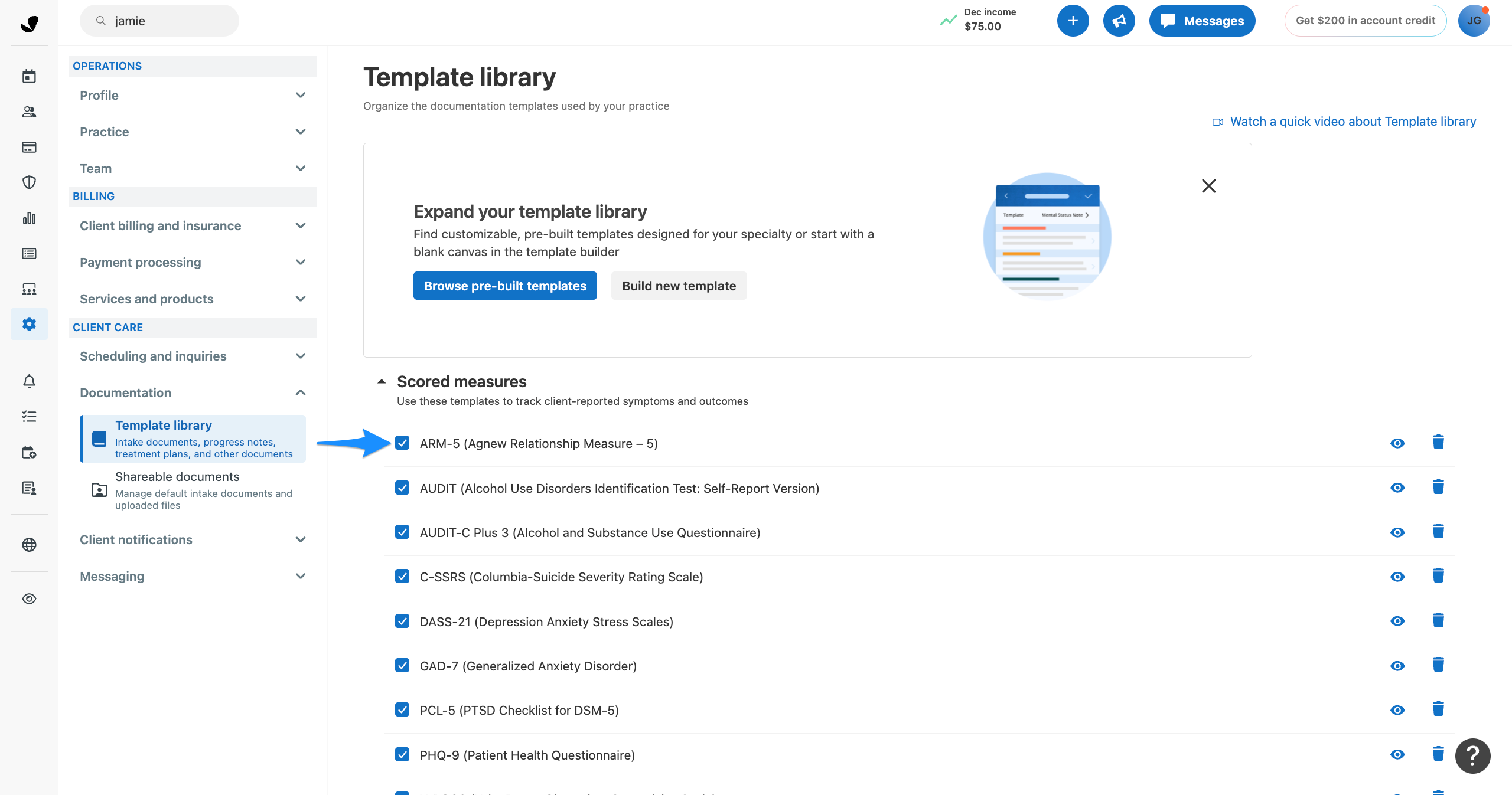 Template library pointing to checkbox next to scored measure