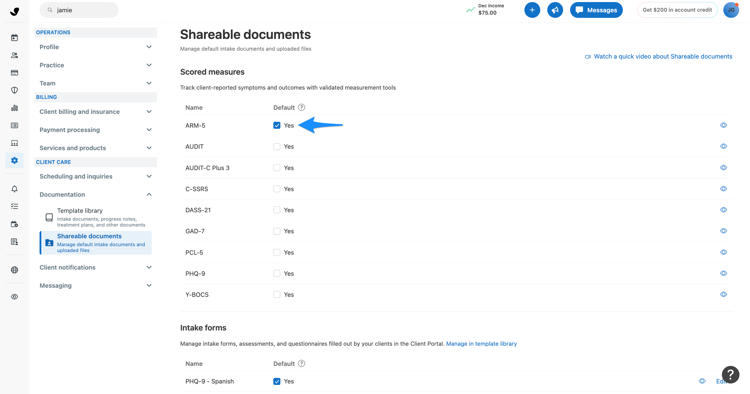 Default checkbox for a scored measure in shareable documents page